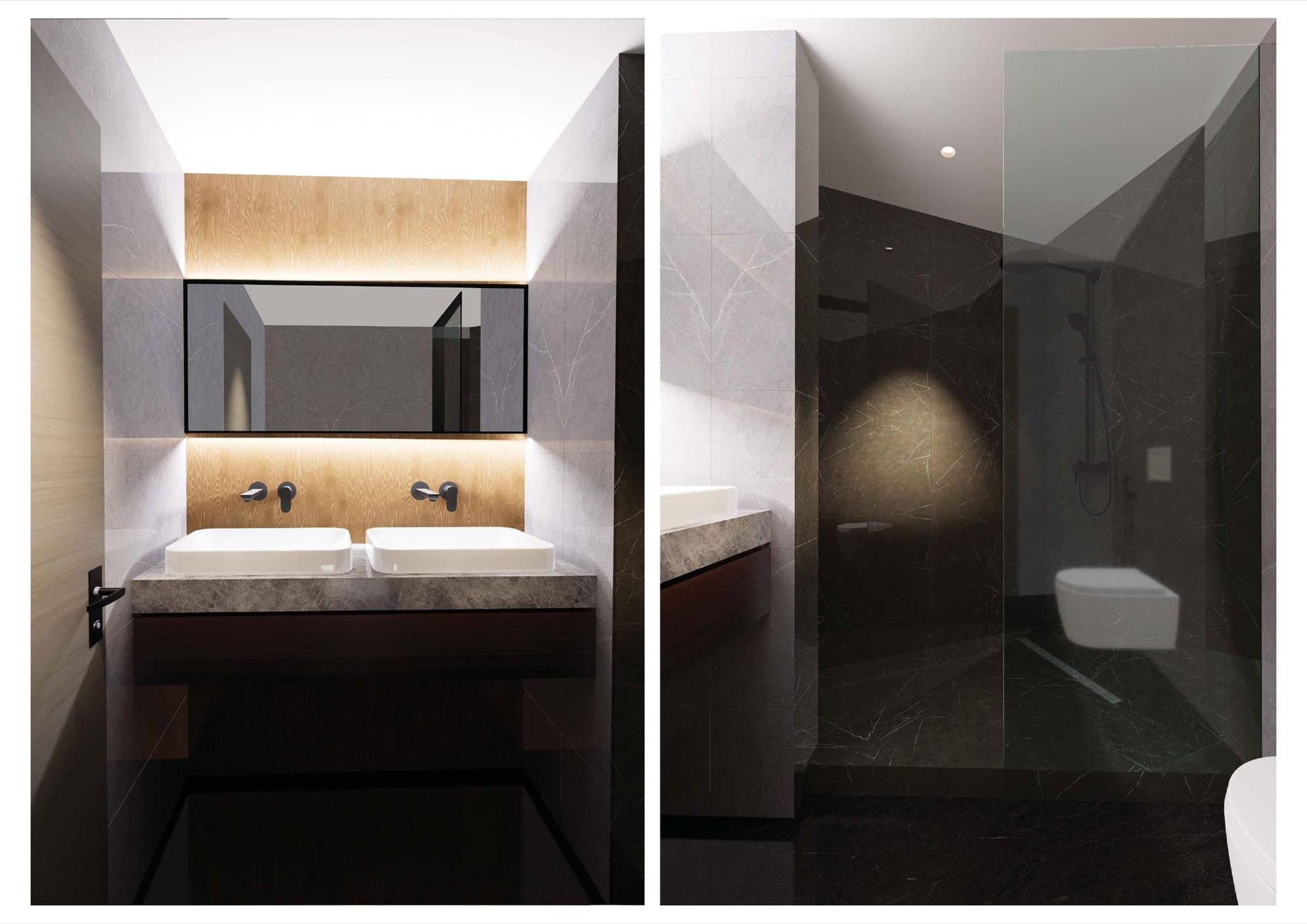 Modern bathroom with double sink and shower in a residential complex in Bečići, Montenegro: stone finishes and lighting.