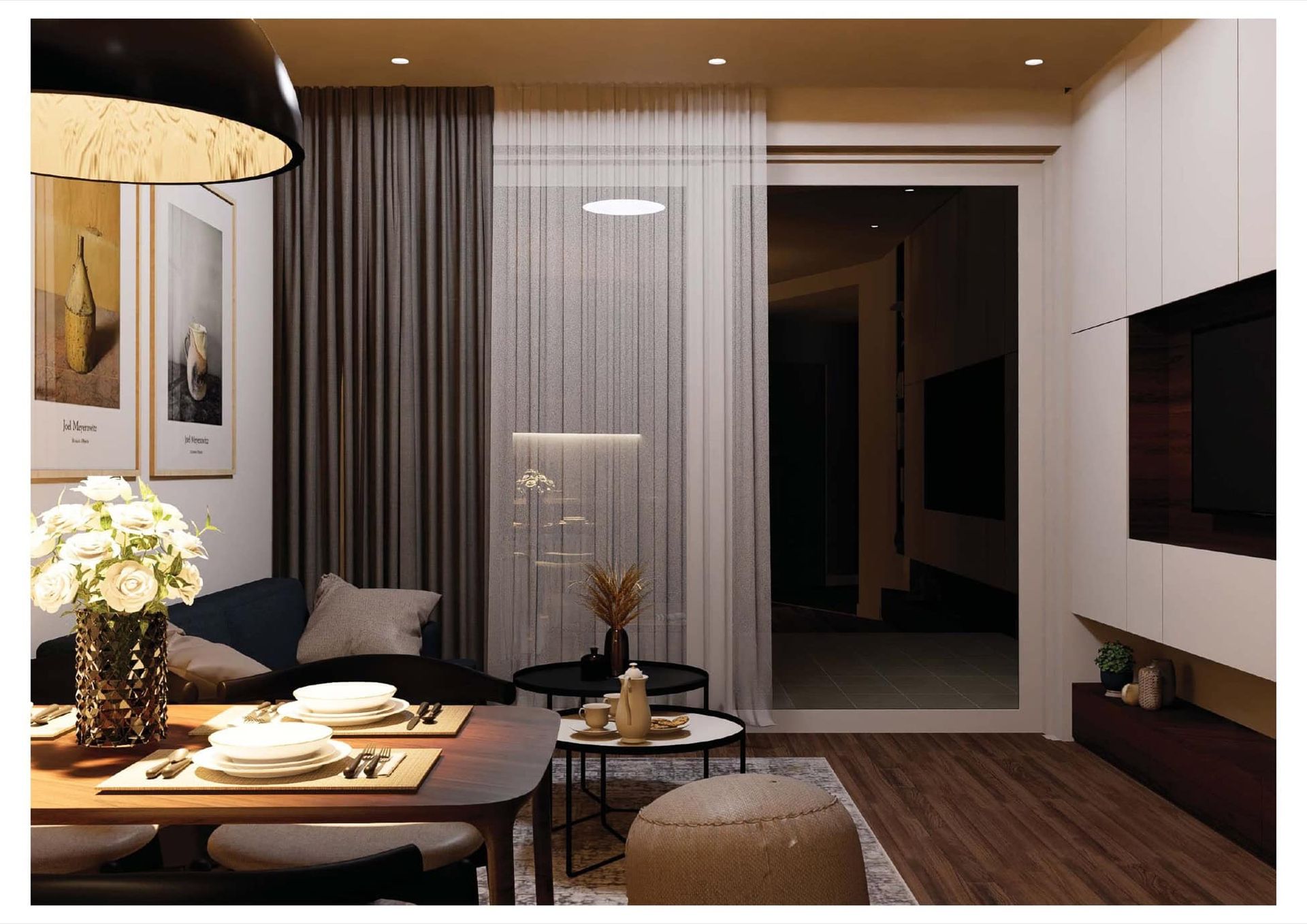Modern living room with dining area in the Bečići residential complex, Montenegro: stylish furniture, panoramic windows, and decor.