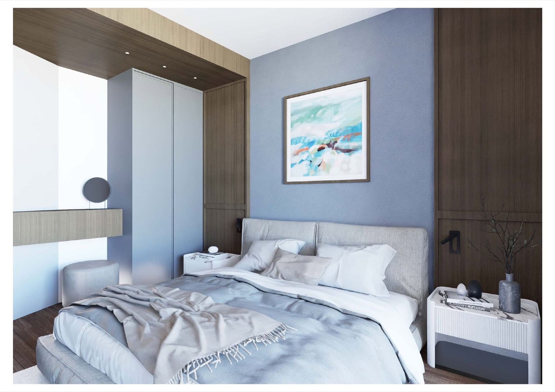 Modern bedroom with a soft bed and built-in wardrobe in a residential complex in Becici, Montenegro. Designer interior in blue tones.