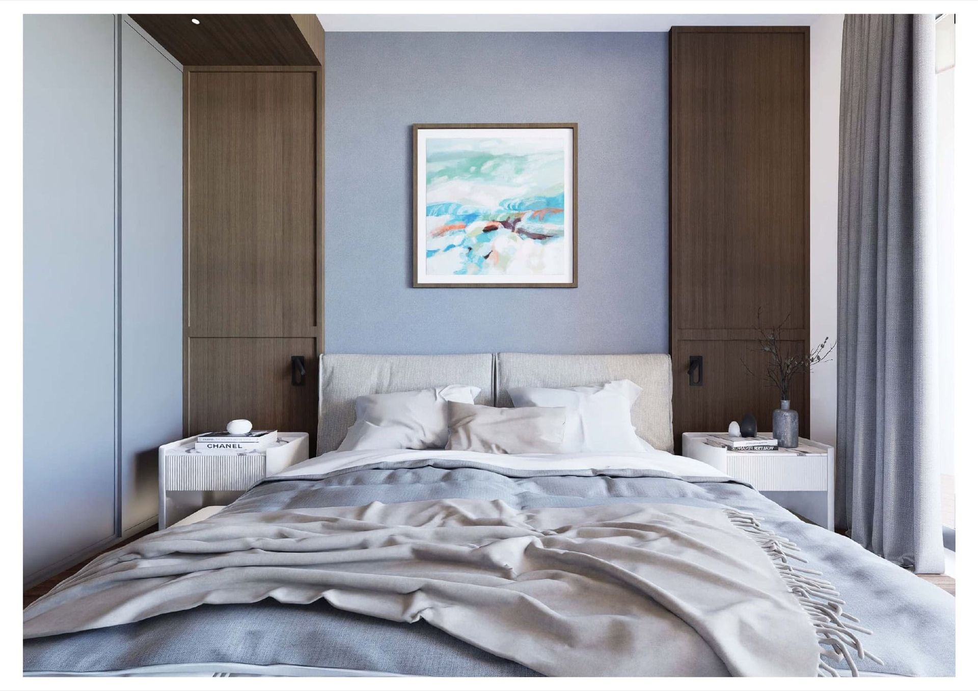 Modern bedroom in Bečići residential complex, Montenegro: double bed, wood paneling, stylish decor, and soft tones.