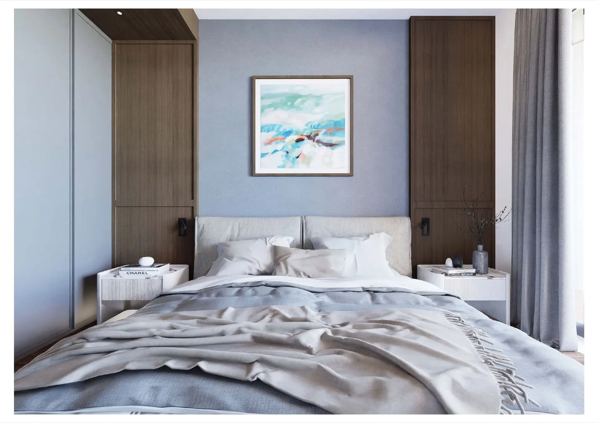 Modern bedroom featuring a double bed, wood paneling, white nightstands, and abstract art on a grey wall.