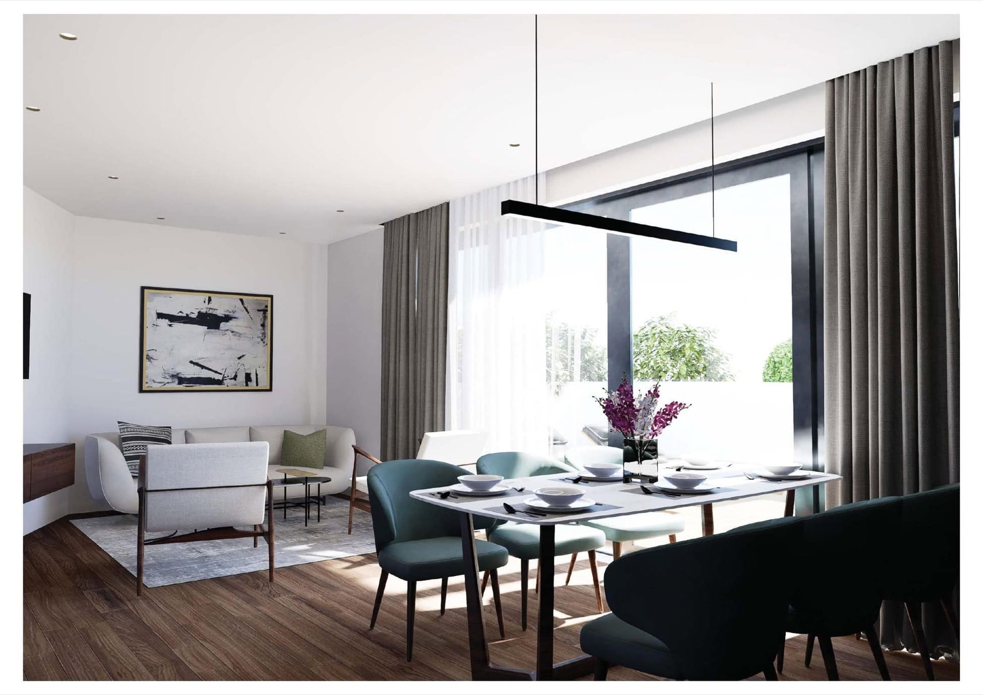 Modern living room with dining area in Bečići residential complex, Montenegro: panoramic windows, stylish furniture, and parquet flooring.