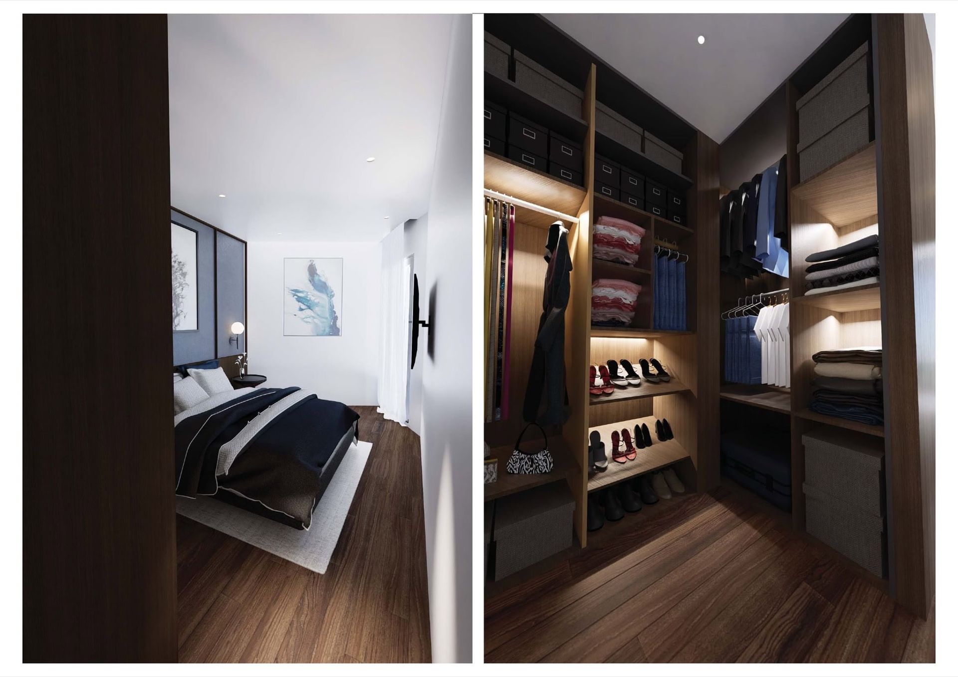 Modern bedroom and walk-in closet with wood finishes in Bečići, Montenegro: stylish interior with lighting.