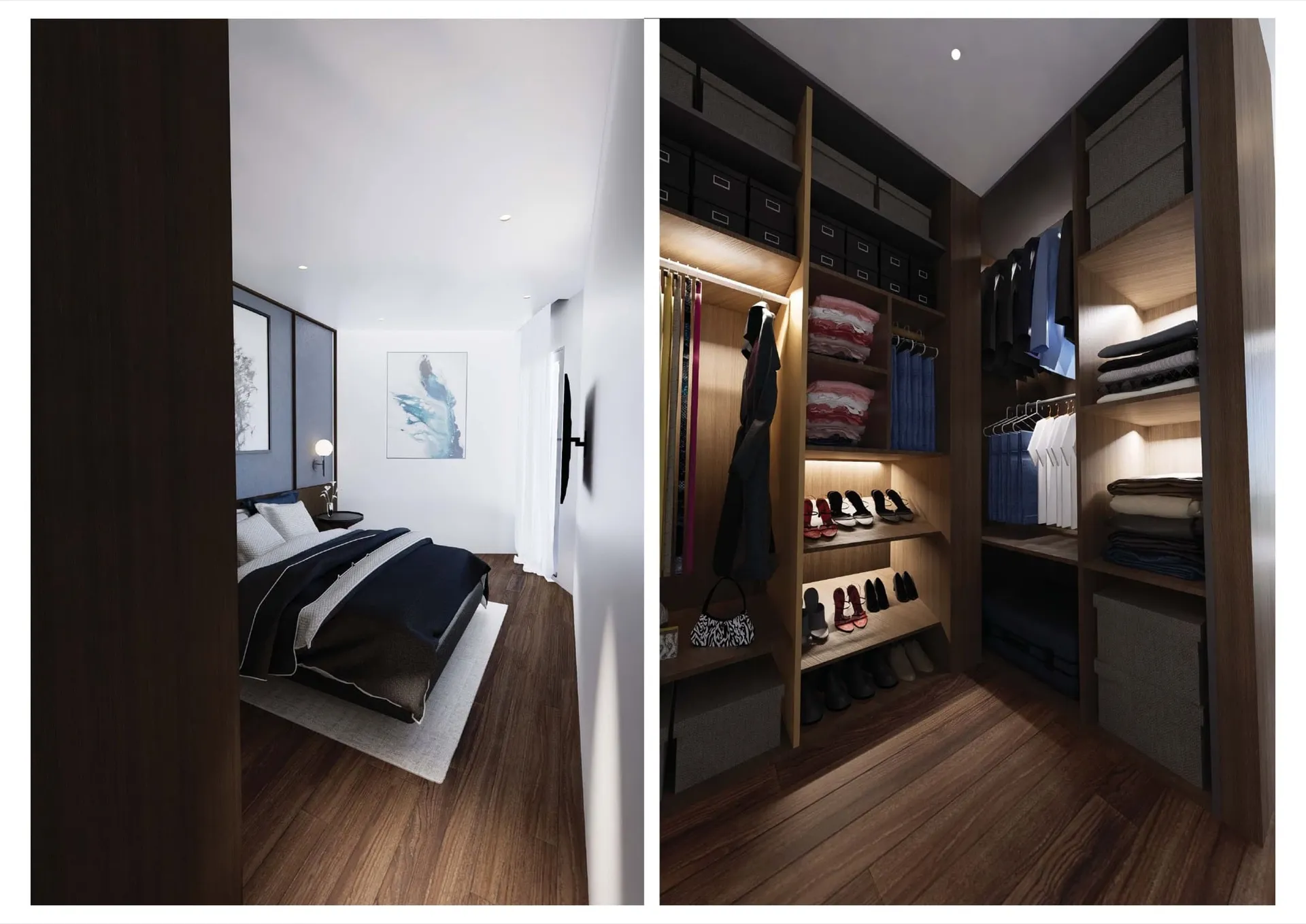Bedroom with a double bed and an adjacent spacious walk-in closet featuring wooden shelving units.