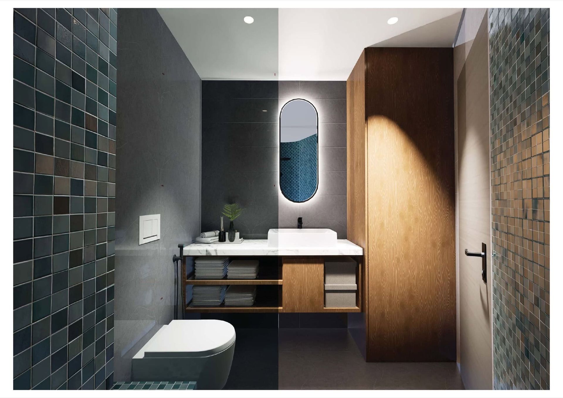 Modern bathroom in ЖК Бечичи, Montenegro: stylish tile finish, wooden furniture, and an oval mirror.
