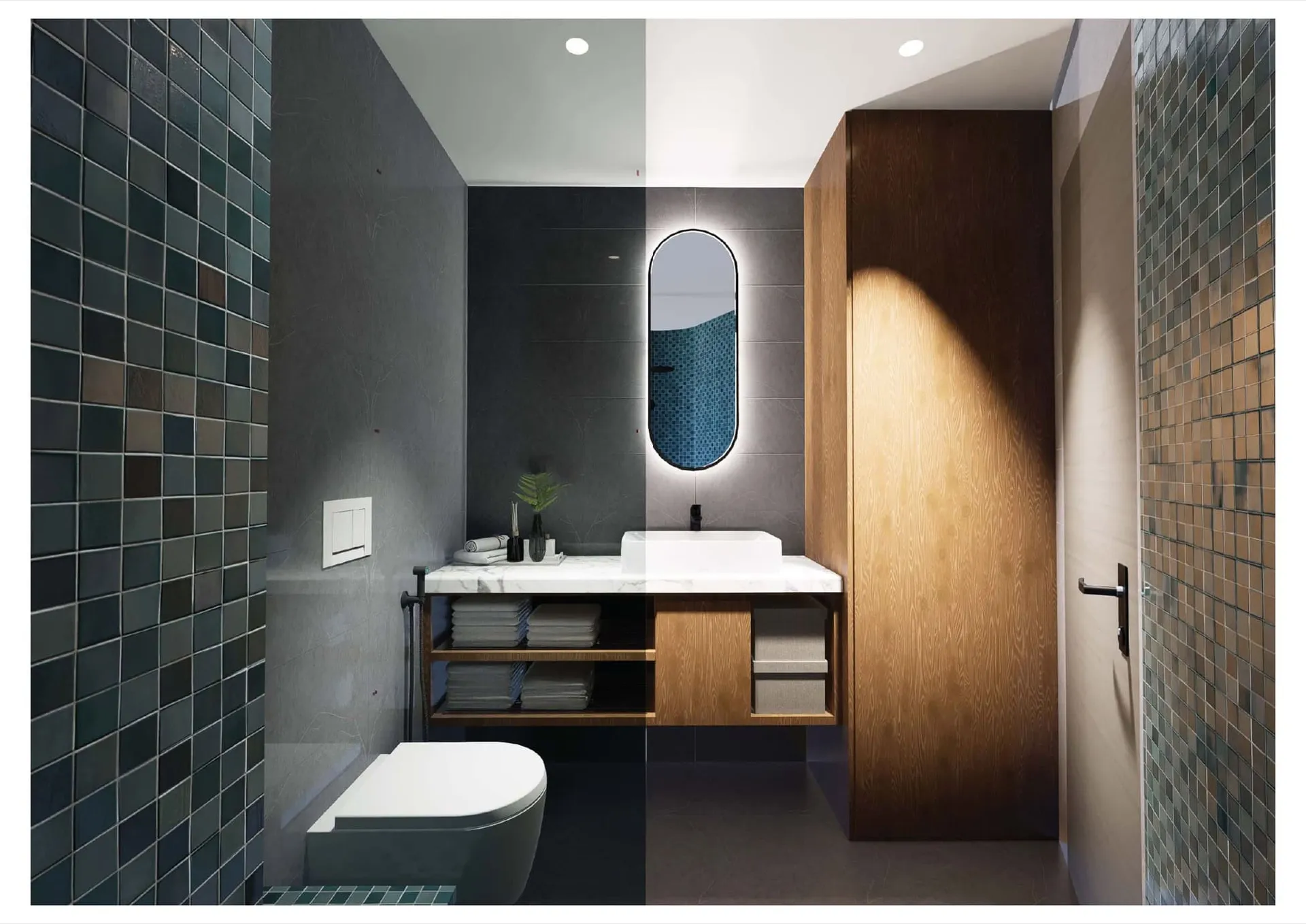 Modern bathroom with a wall-mounted toilet, wooden vanity, vessel sink on marble counter, and an oval backlit mirror.