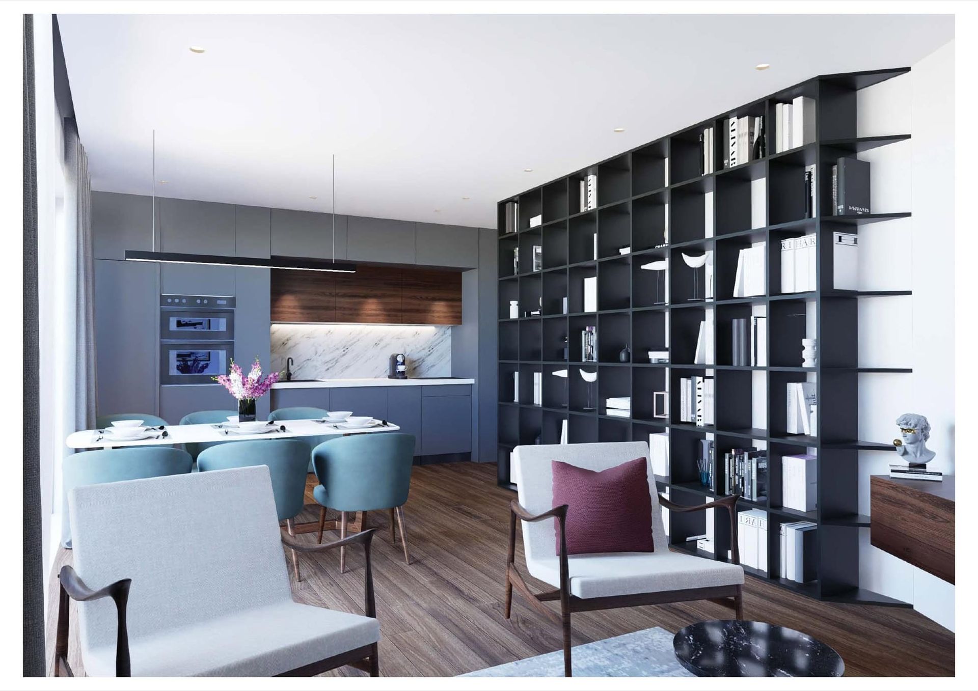 Modern living room with a black shelving unit and kitchen in a residential complex in Bečići, Montenegro: stylish interior and dining area.