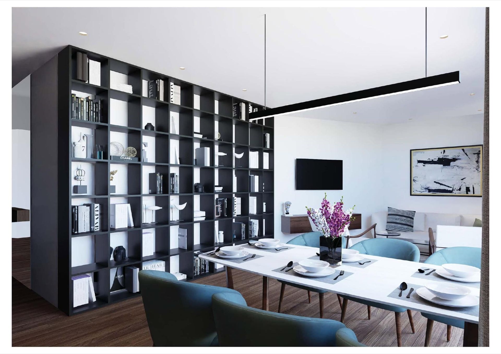 Modern living room with dining area and black shelving unit in Bečići, Montenegro: stylish interior with furniture.