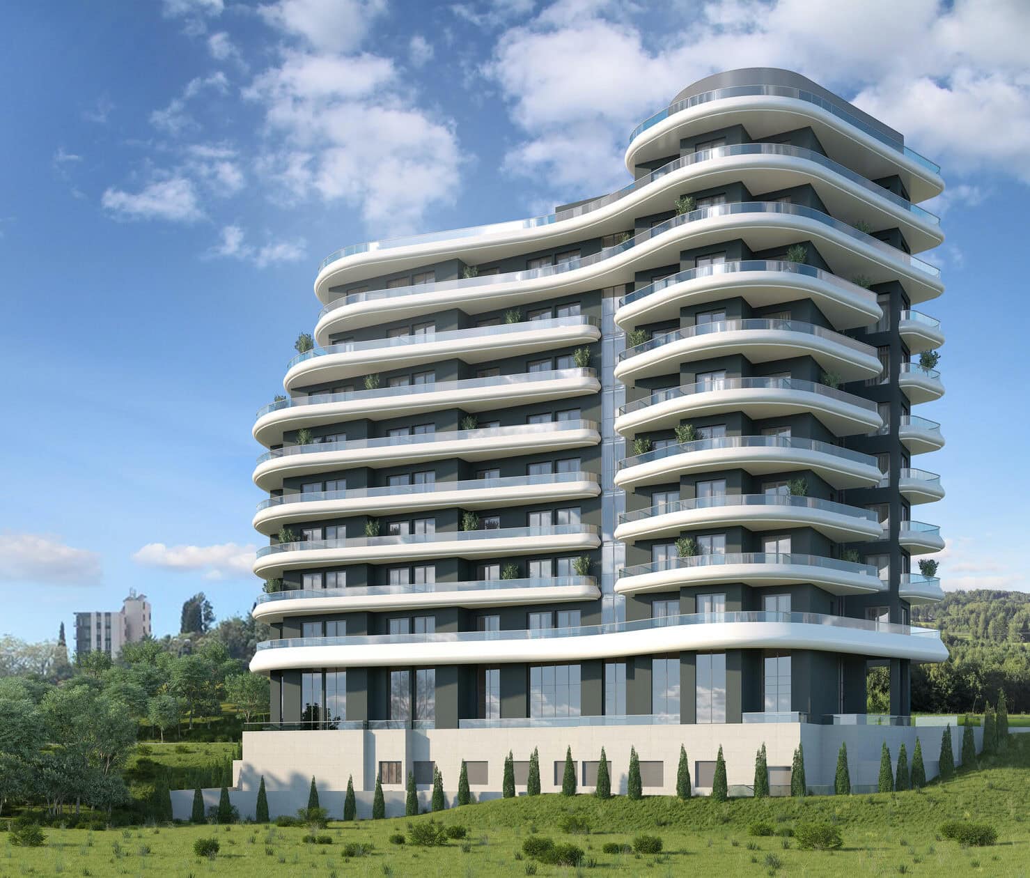 Modern multi-story apartment building with wavy balconies set against a blue sky and green lawn.
