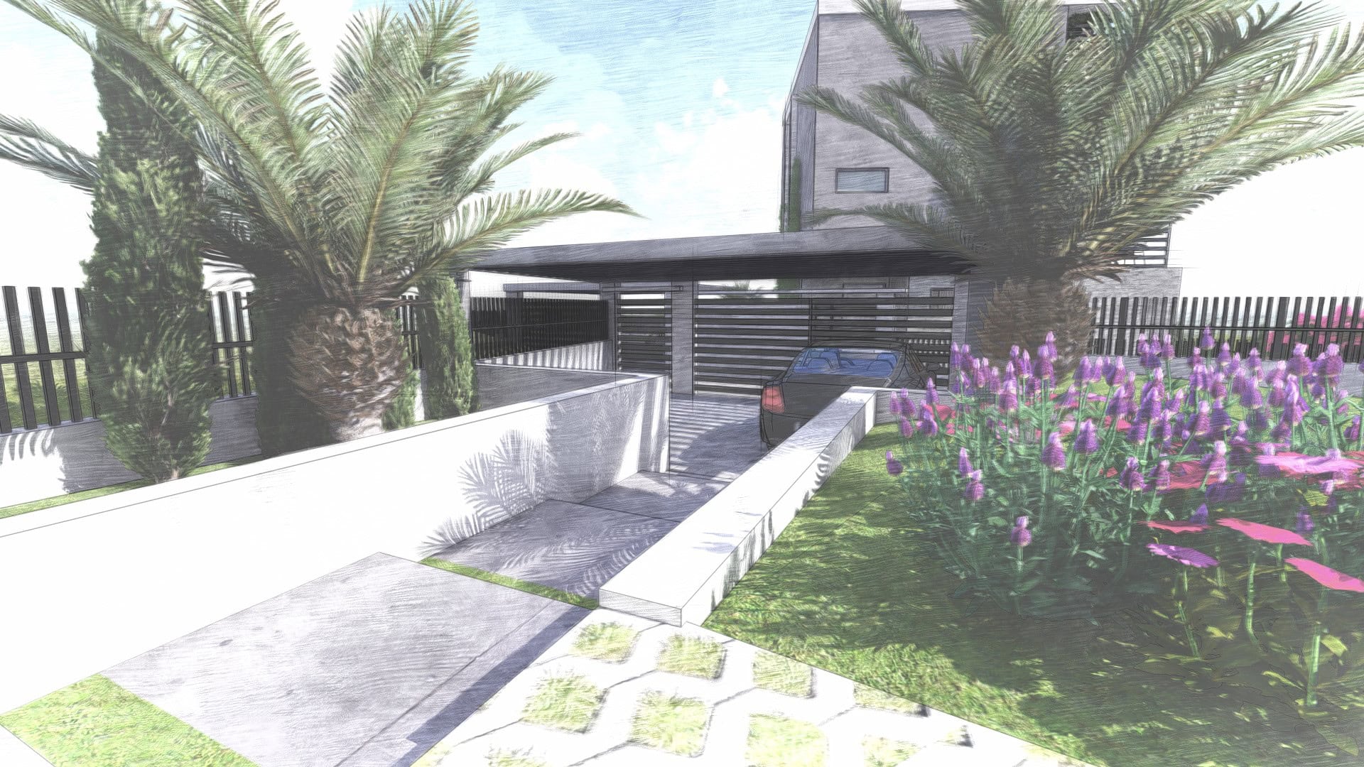 Visualization of a modern villa in Tivat, Montenegro: private parking, landscaping with palm trees and flowers.