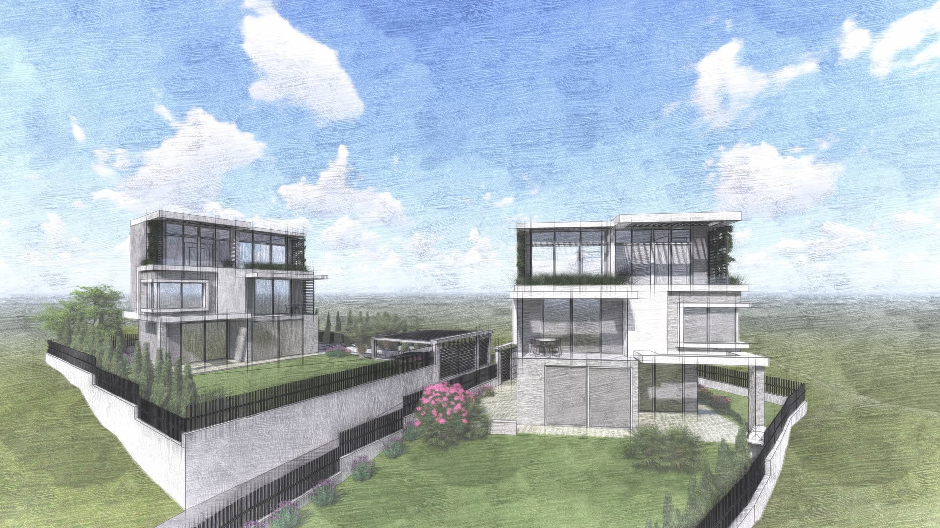 Architectural design of modern villas with panoramic windows and terraces in Tivat, Montenegro. Exterior view.