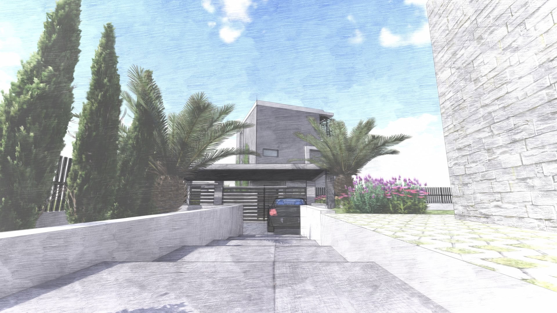 Visualization of a modern villa with parking and a garden in Tivat, Montenegro: architectural design of a private house.