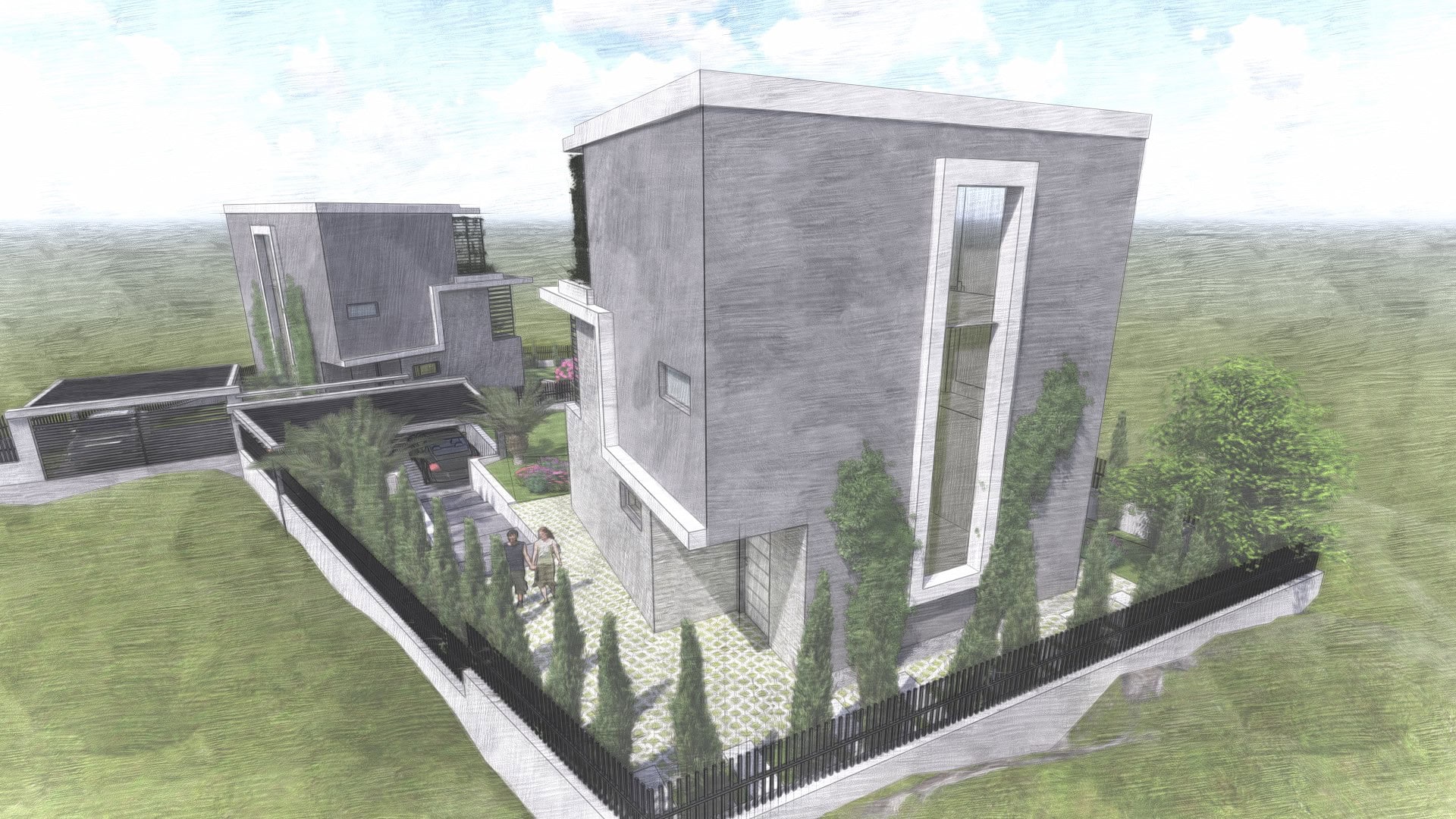 Visualization of a modern high-tech villa with panoramic windows and landscape design in Tivat, Montenegro.