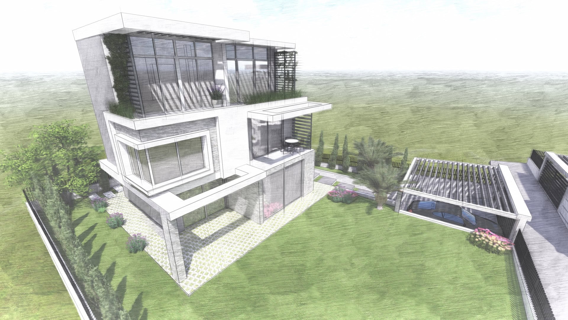 3D visualization of a modern villa with panoramic windows and a carport in Tivat, Montenegro.