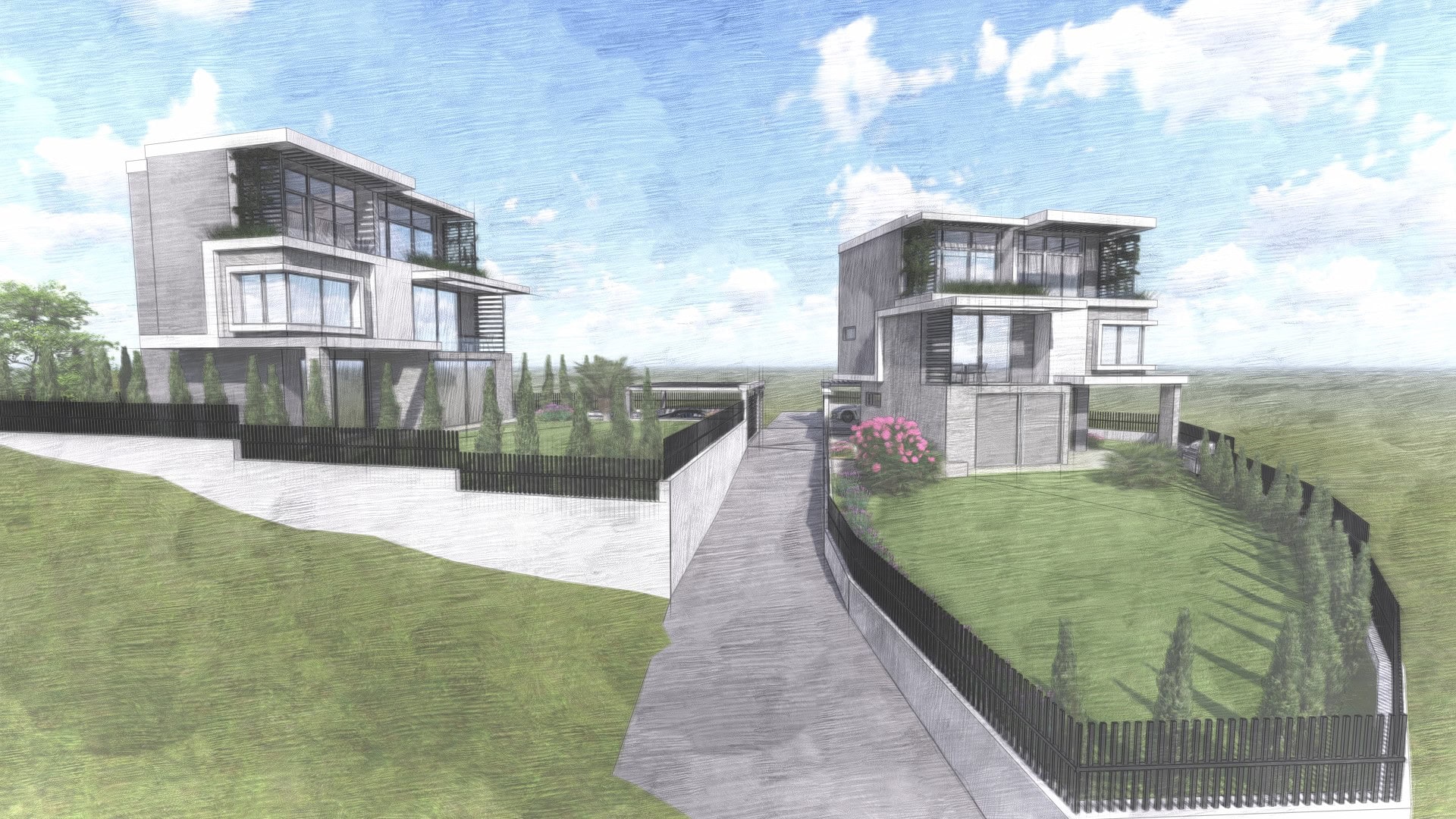 Visualization of modern villas with panoramic windows and landscaping in Tivat, Montenegro. Luxury residential project.