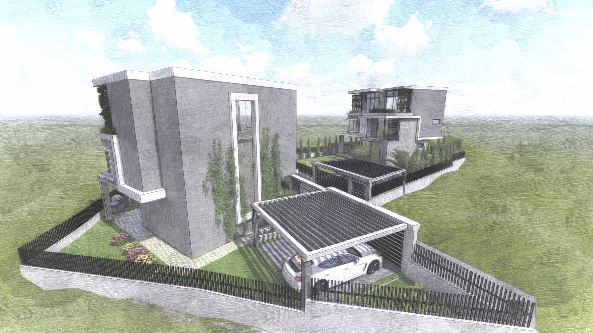 Architectural design of a modern villa with a carport in Tivat, Montenegro: exterior view of a luxury house with a plot of land.