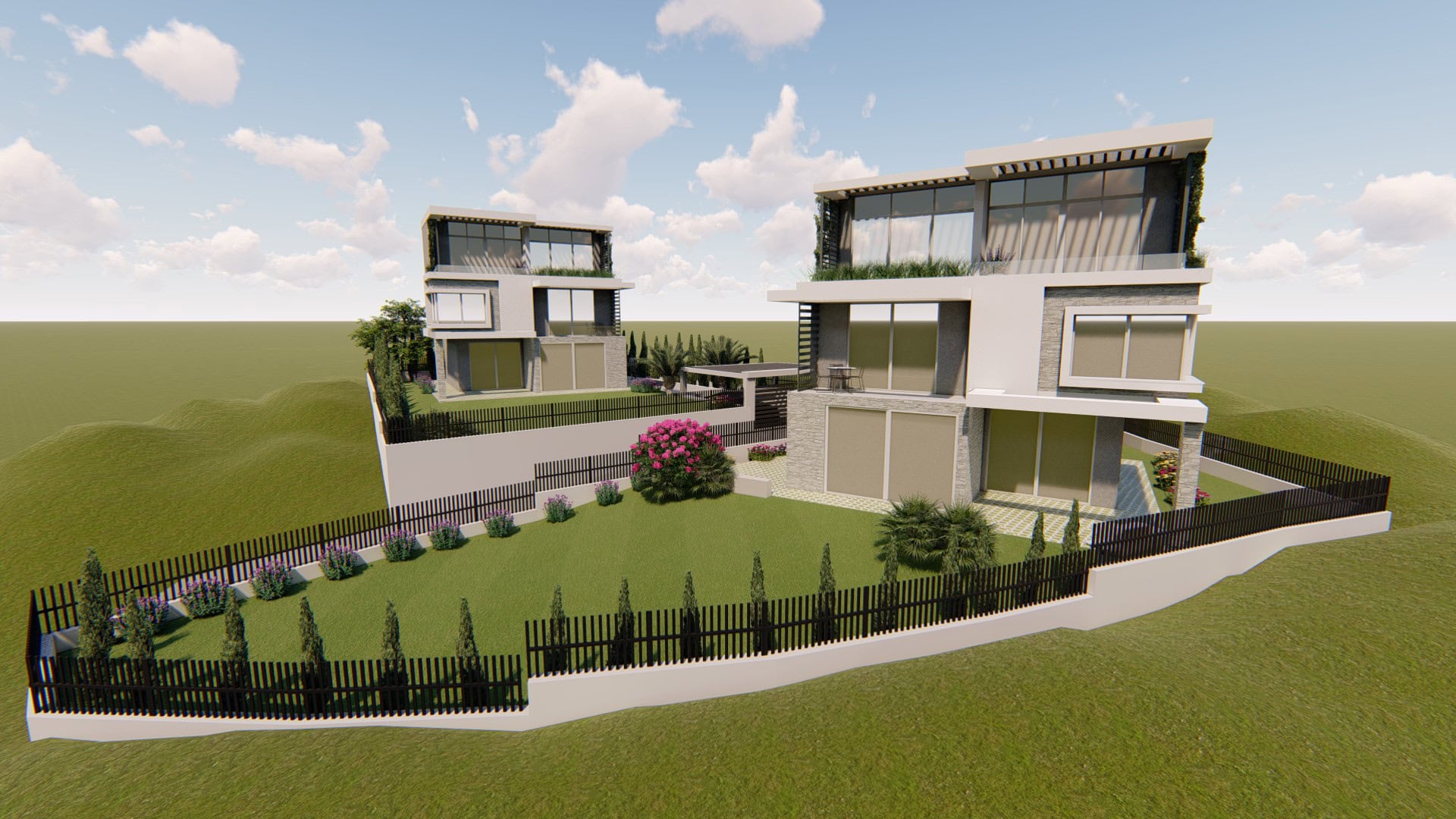 Modern villas with panoramic windows and a private garden in Tivat, Montenegro. Luxury real estate project.