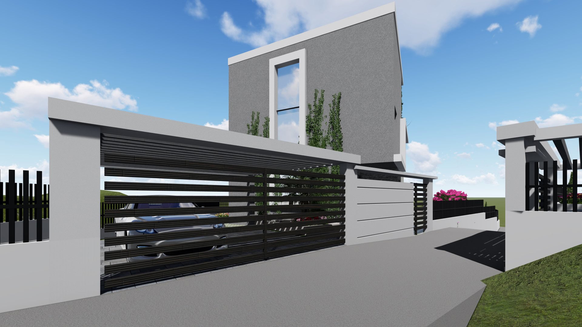 Modern villa in Tivat, Montenegro: facade with a panoramic window, stylish fence, and covered parking space.