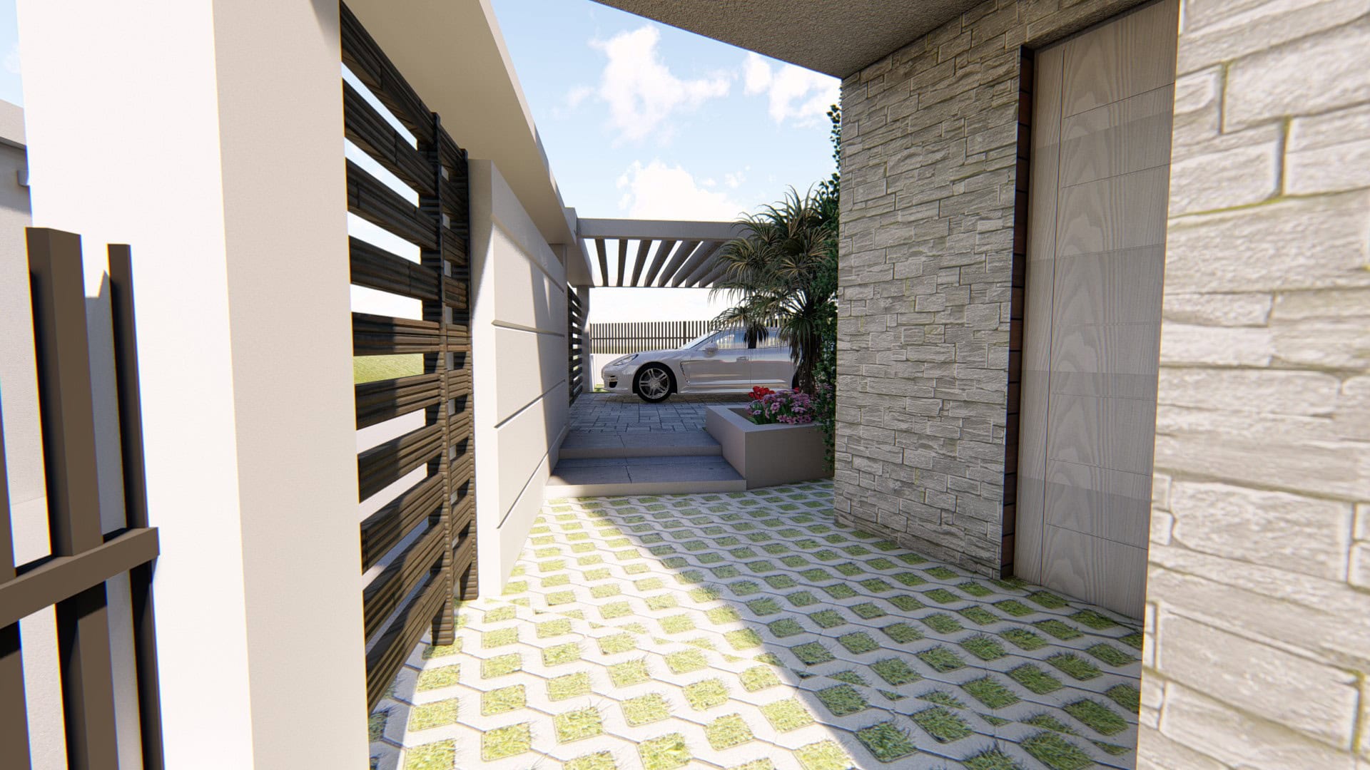 Modern villa in Tivat, Montenegro: private covered parking, stone facade finish, and landscaping.