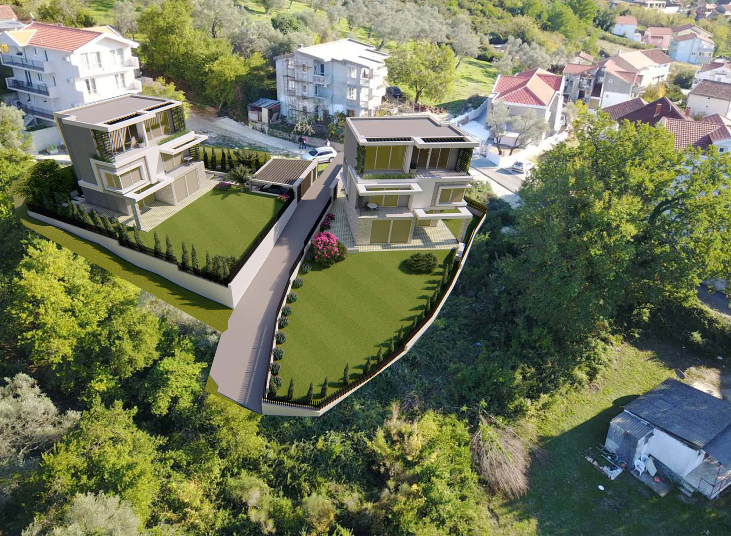 Aerial view of modern villas with terraces and private gardens in Tivat, Montenegro. Luxury real estate project.