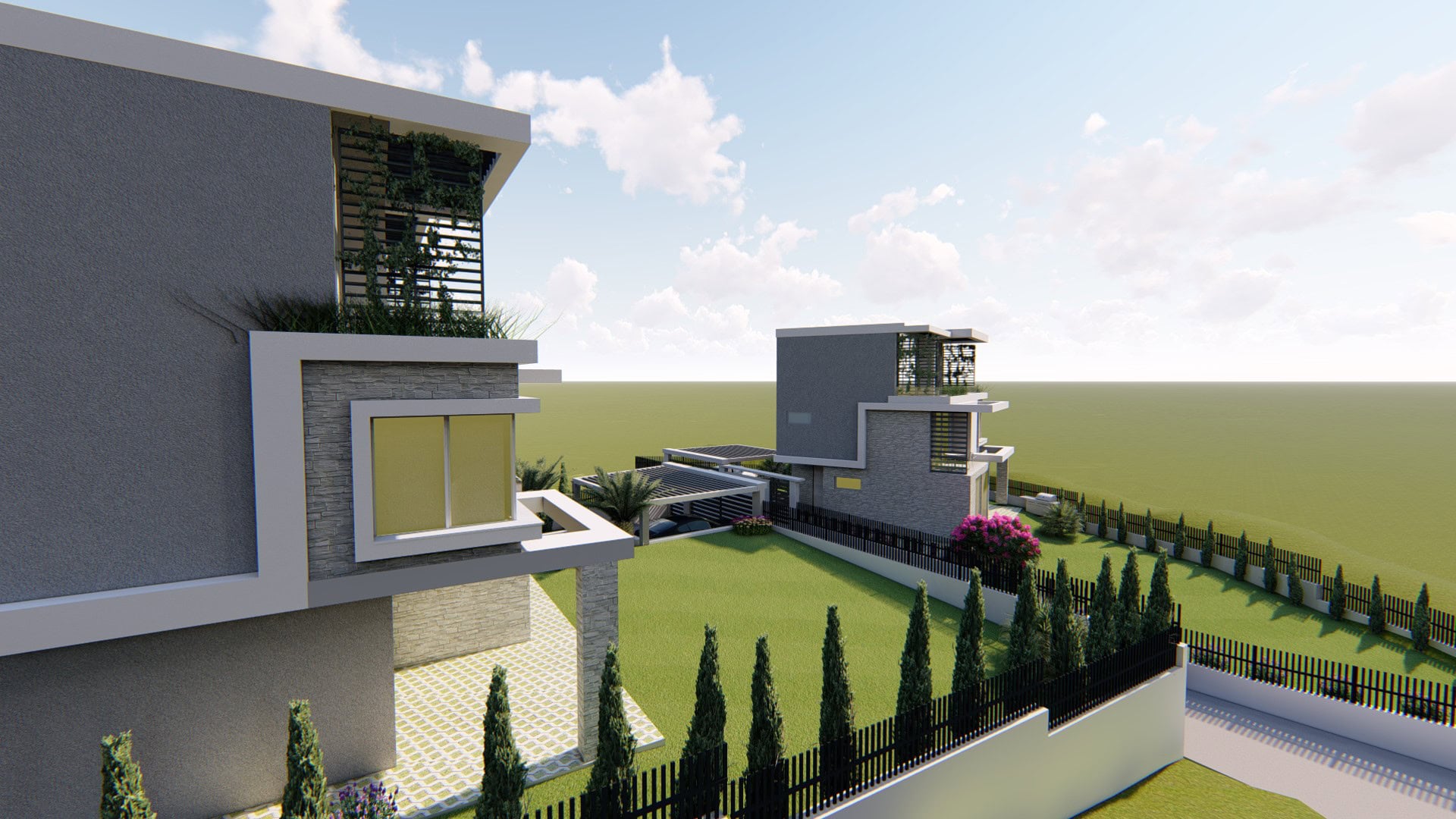Modern villas in Tivat, Montenegro: a project featuring stone finishes, terraces, a garden, and on-site parking.