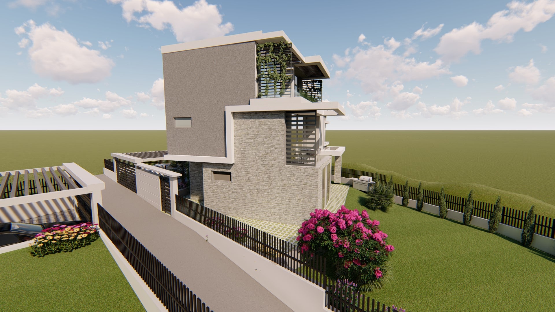 Modern villa in Tivat, Montenegro: 3D visualization of a house with stone finishes, terraces, and a landscaped garden.
