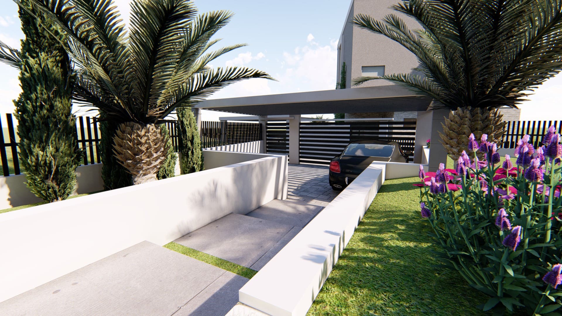 Modern villa in Tivat, Montenegro: private parking with a carport, landscaped garden with palm trees and flowers.