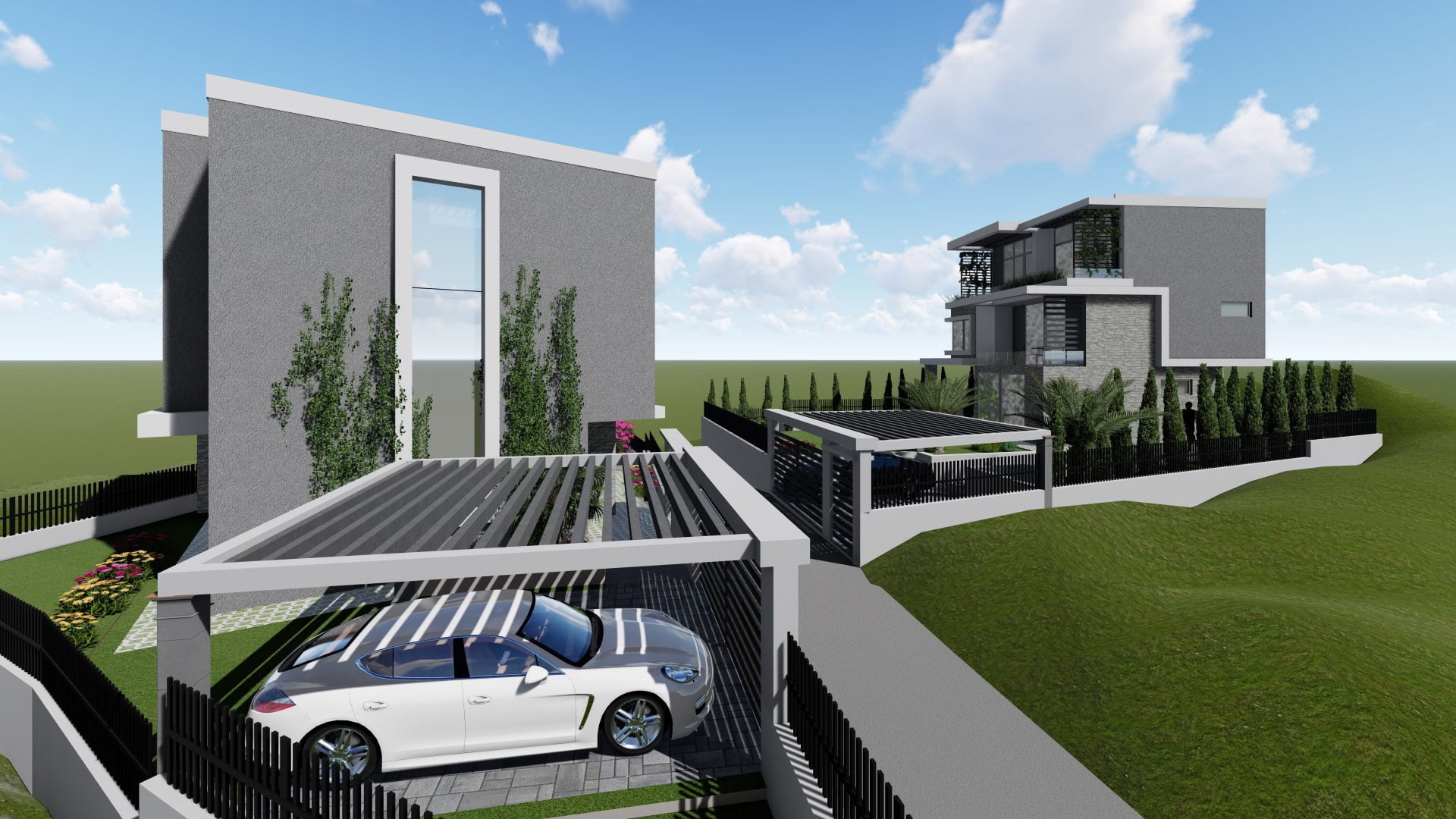 Modern villa in Tivat, Montenegro: 3D exterior visualization with a carport and landscaping.