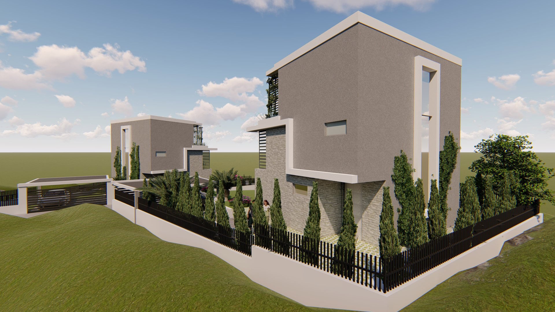 Modern villas in Tivat, Montenegro: a project featuring stone finishes, landscaping, and a gated territory.