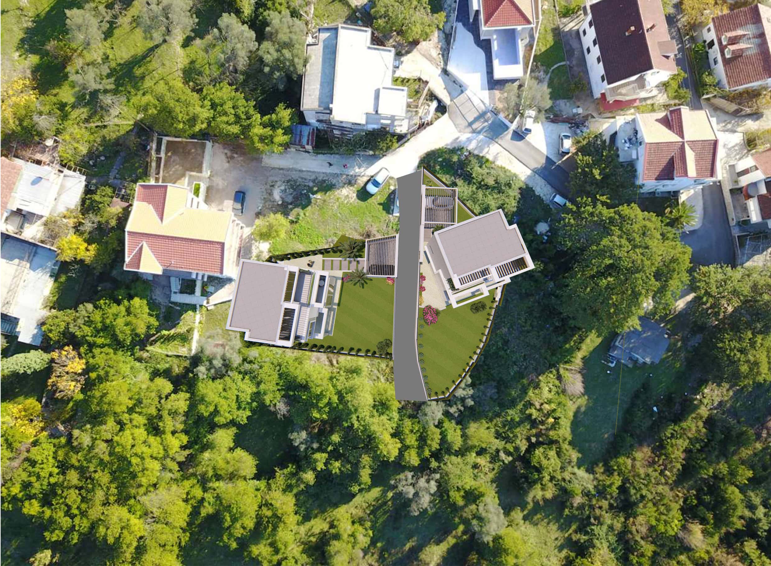 Top-down view of a modern villa project with landscaped grounds in Tivat, Montenegro.