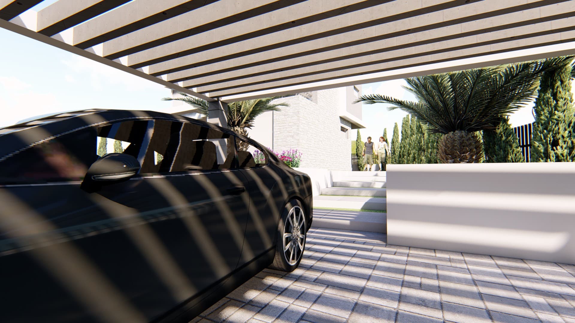 Modern villa in Tivat, Montenegro: covered parking with a canopy, stone exterior finish, and landscaped grounds.