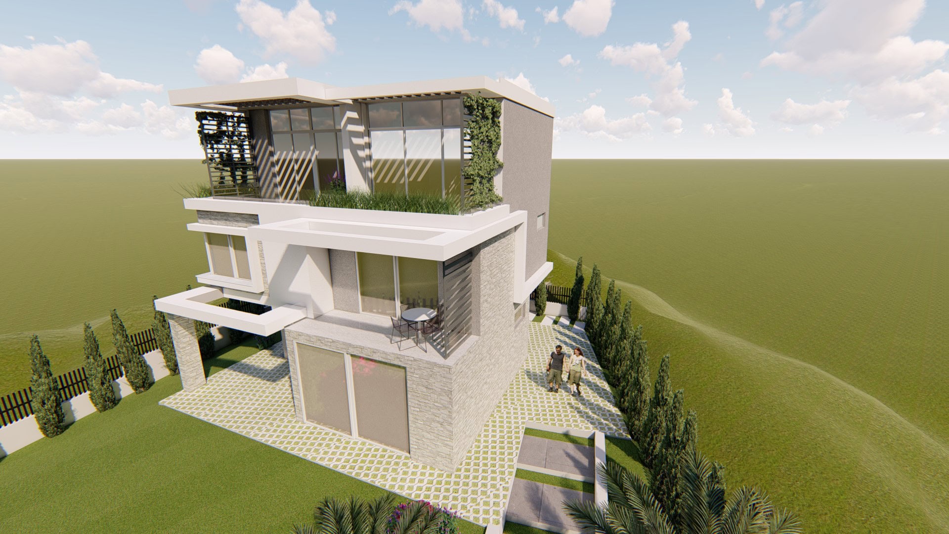 Modern three-story villa in Tivat, Montenegro: panoramic windows, landscaped terraces, and a well-maintained plot.