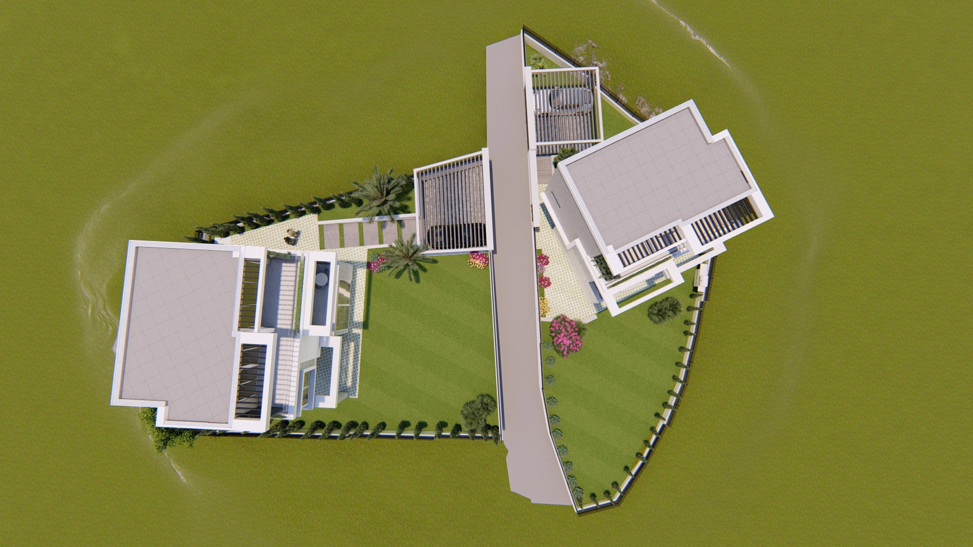 Aerial view of modern villas in Tivat, Montenegro: a project featuring landscaped grounds and parking.