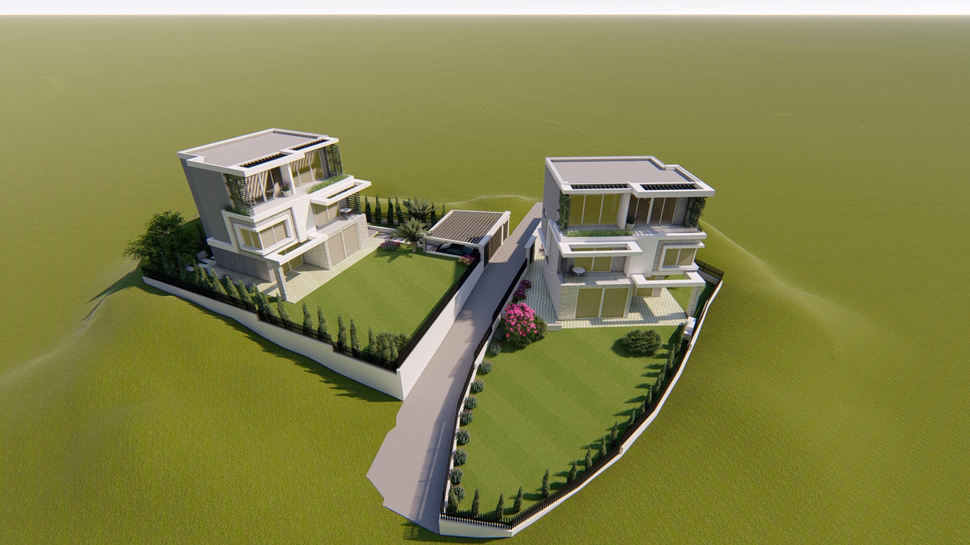 Visualization of two modern villas with terraces and a garden in Tivat, Montenegro. Luxury real estate project with parking.