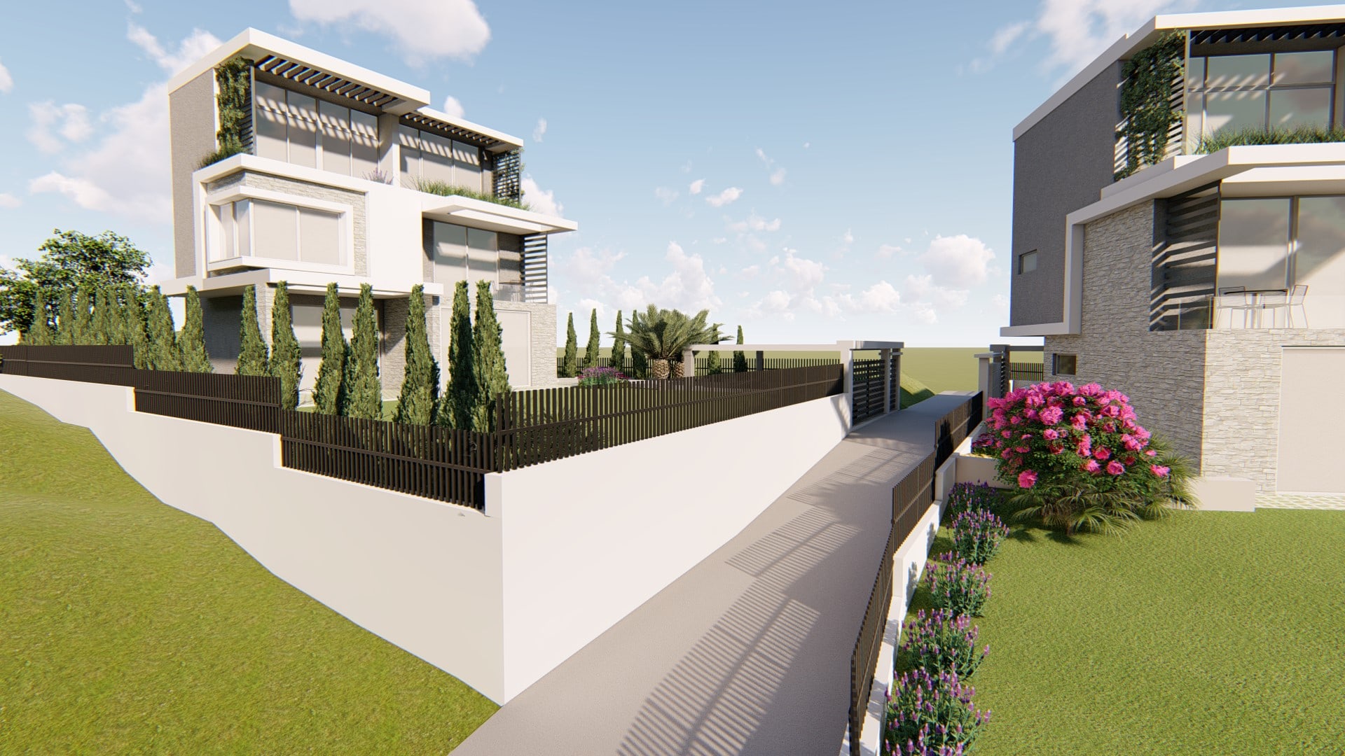 Modern villa in Tivat, Montenegro: stone-clad facade, panoramic windows, terraces, and landscaping.