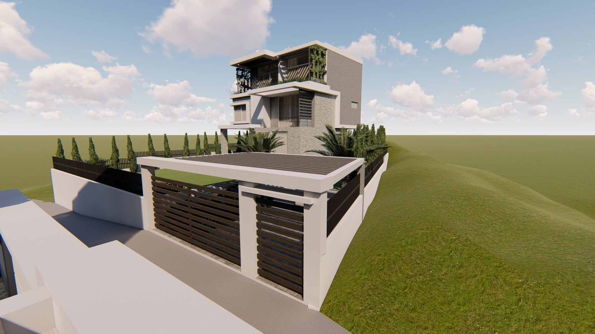 Modern three-story villa in Tivat, Montenegro: a project featuring terraces, landscaping, and parking.