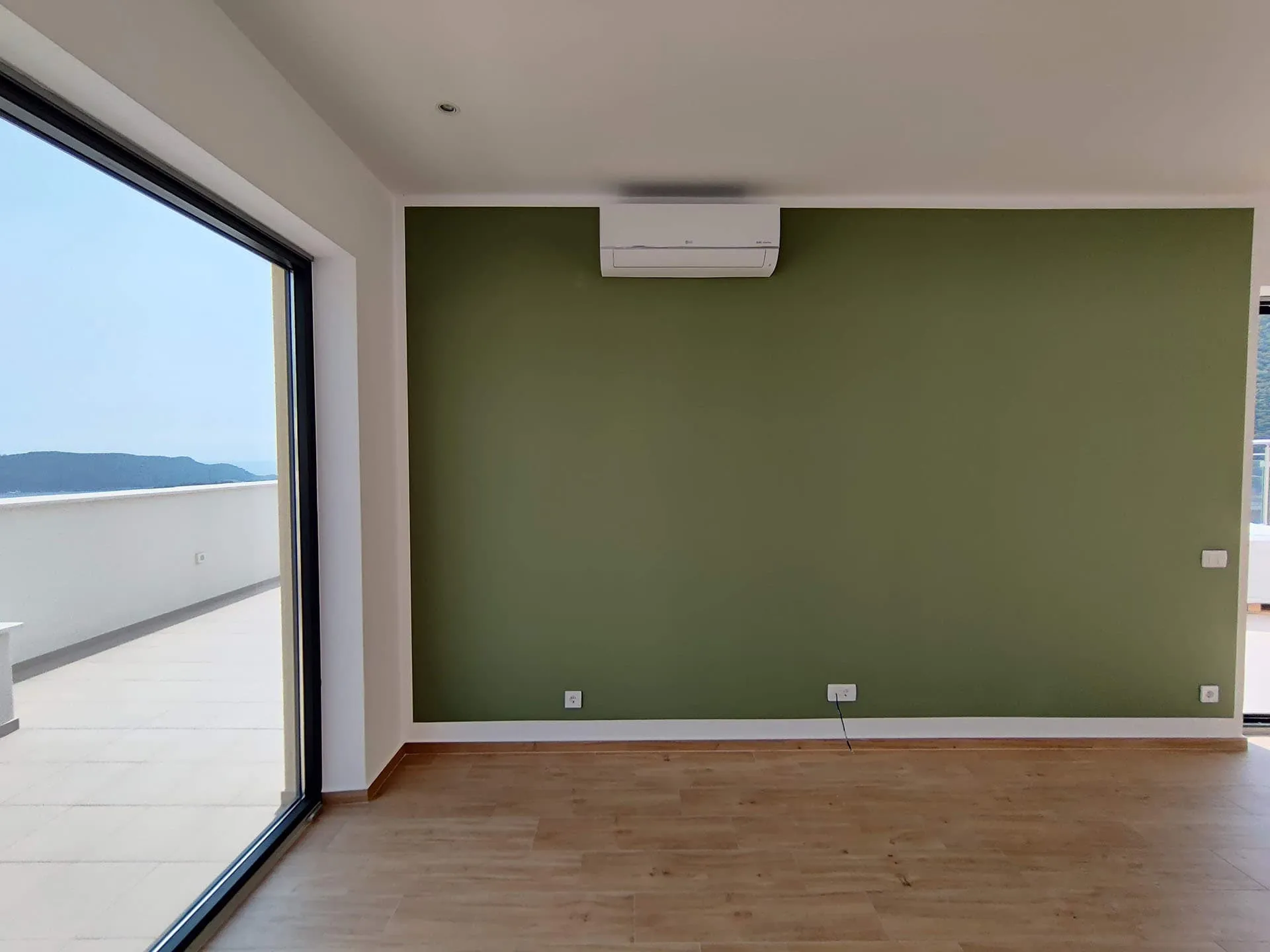 Empty room with wood flooring and a green wall, featuring an AC unit and large sliding glass door to a balcony.