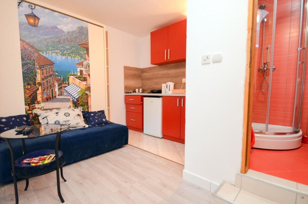 Interior of a living room with kitchen and shower in a house, Kotor, Montenegro: blue sofa, red furniture, and photo wallpaper on the wall.