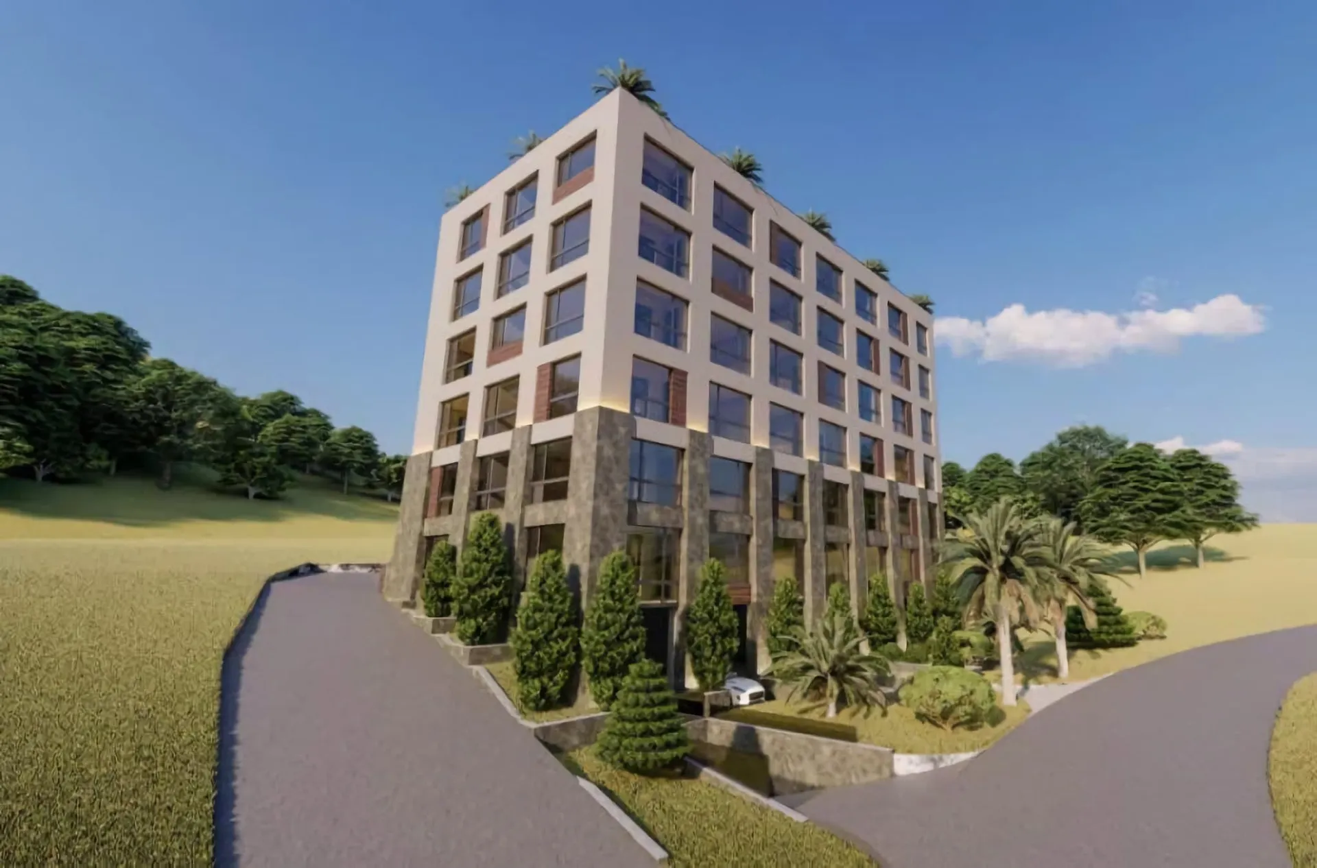3D rendering of a multi-story building with large windows, surrounded by green landscaping and a paved driveway under a blue sky.