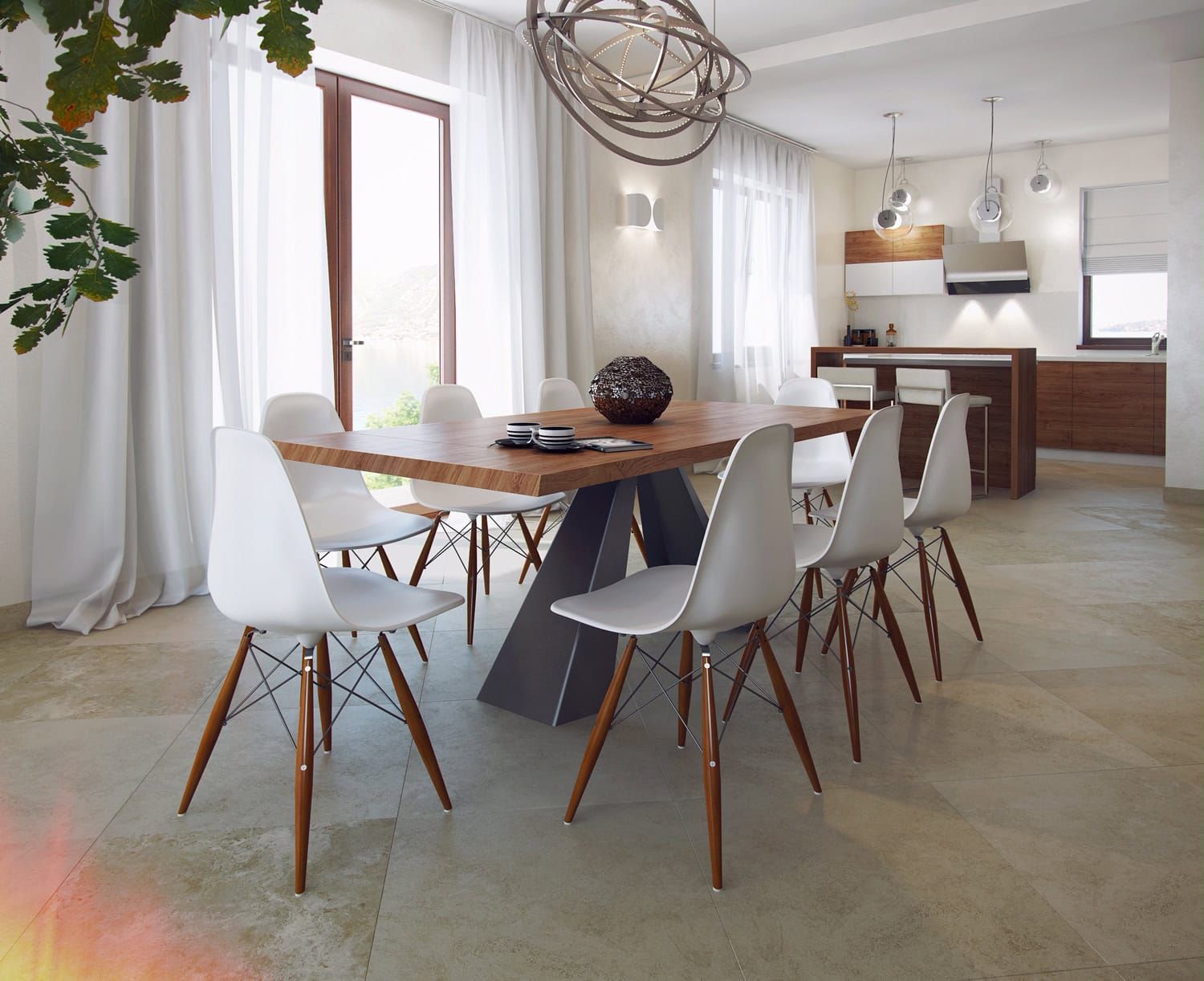 Modern living room with dining area in a villa in Dobrota, Montenegro: wooden table, white chairs, and sea view.
