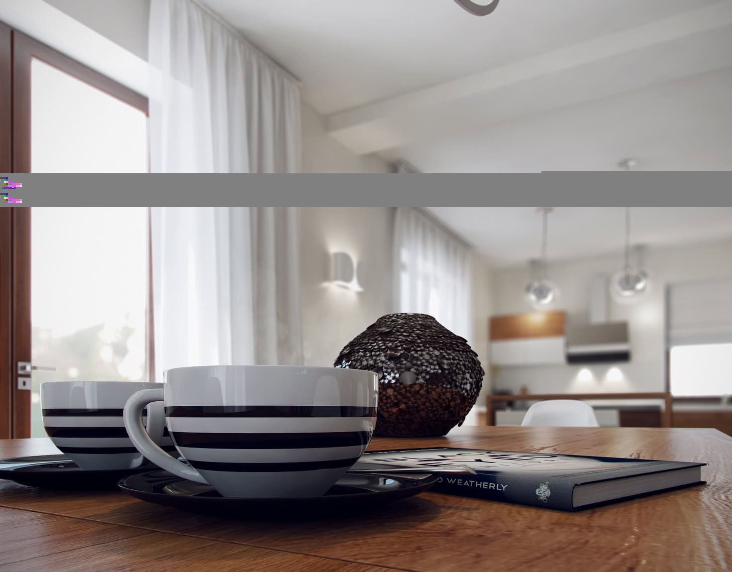 Living room interior in a villa in Dobrota, Montenegro: dining table with cups, modern design, and light finishes.