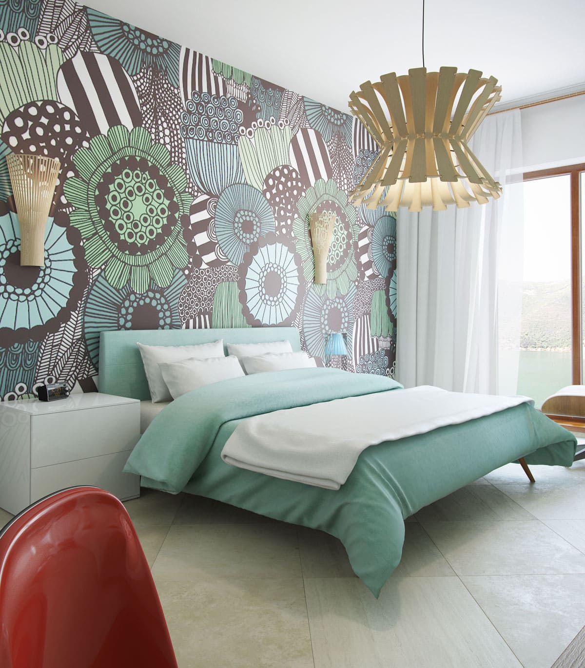 Bedroom with designer wallpaper and sea view in Villa No. 1865, Dobrota, Montenegro: modern bed and decor.