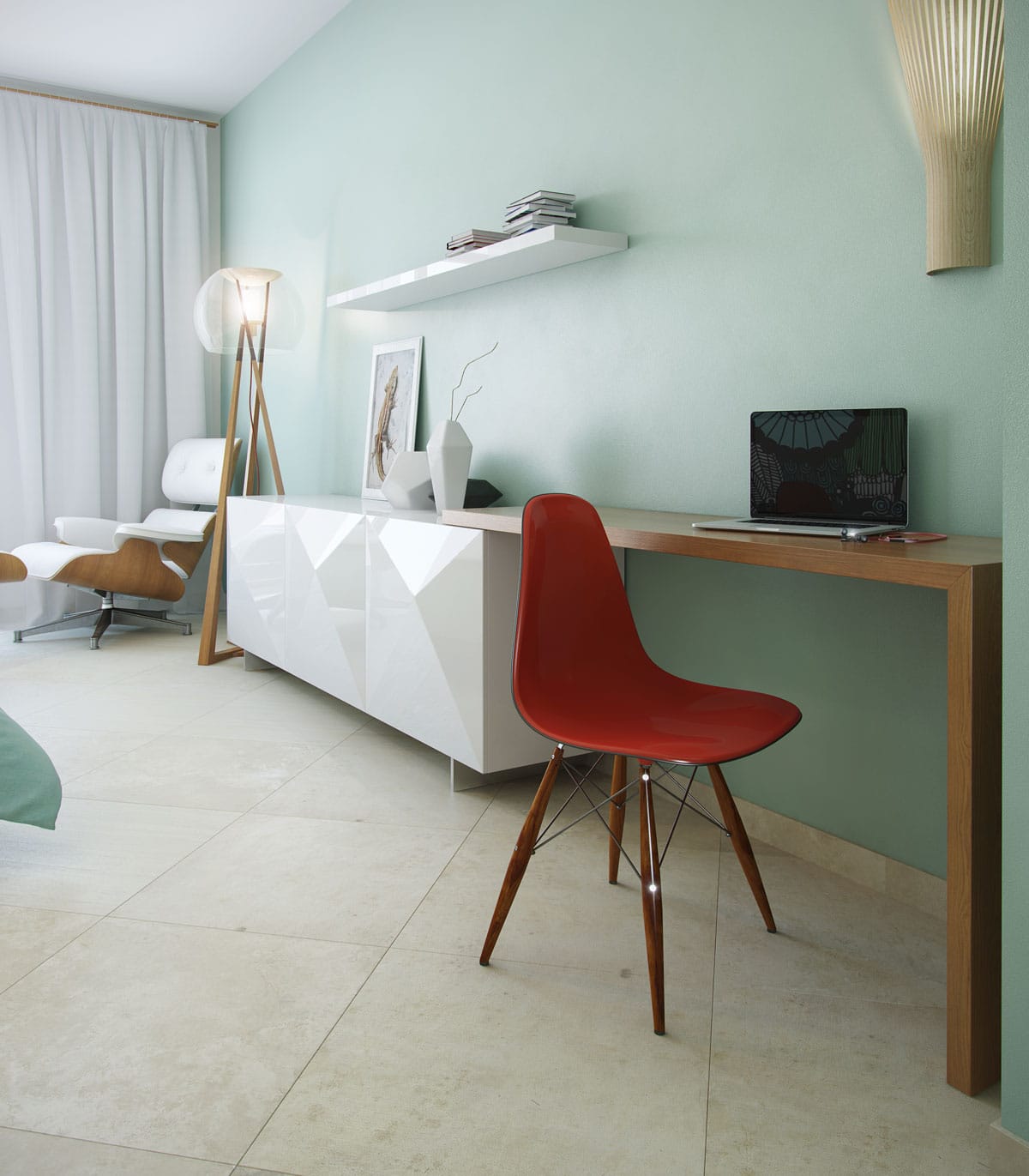 Modern living room with a workspace in a villa in Dobrota, Montenegro: white furniture, a red chair, and stylish decor.