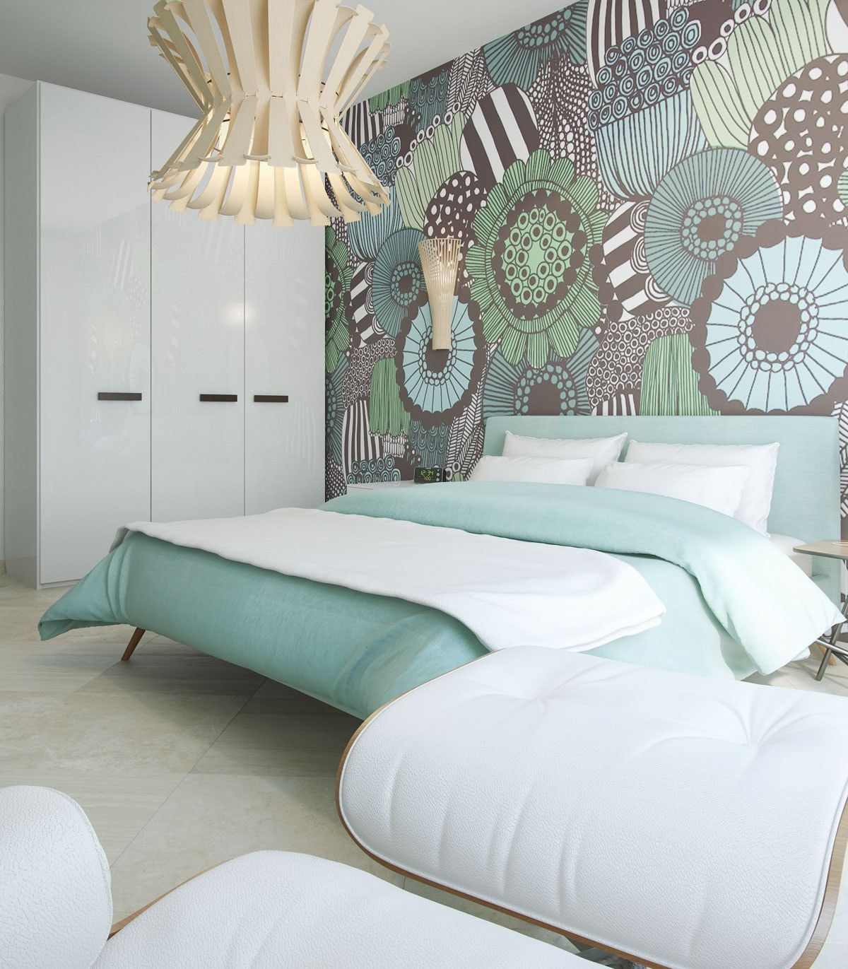 Modern bedroom in a villa in Dobrota, Montenegro: bed with mint-colored textiles, designer chandelier, and an accent wall.