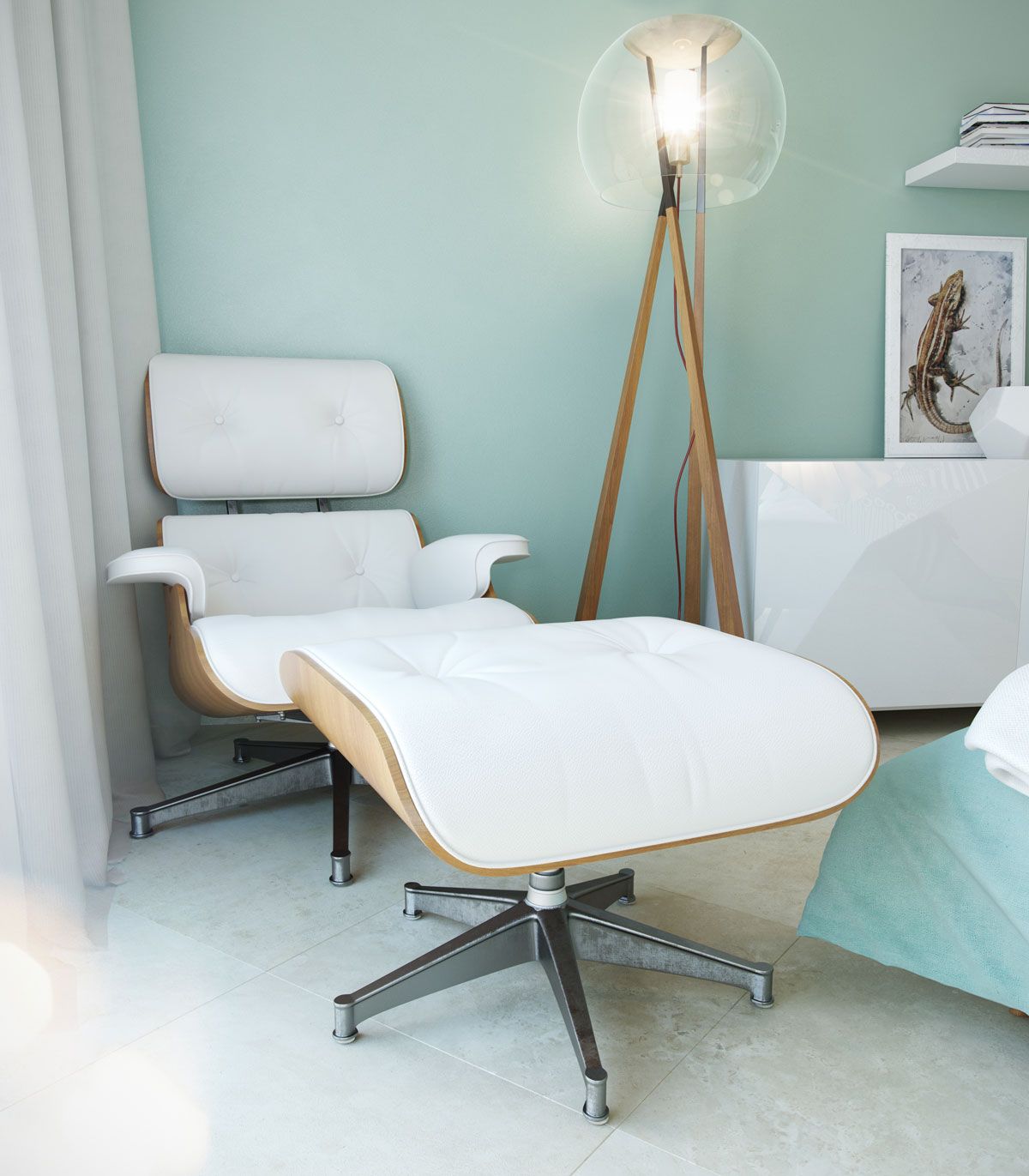 White armchair with ottoman in the bedroom interior of a villa in Dobrota, Montenegro: stylish furniture and a designer floor lamp.