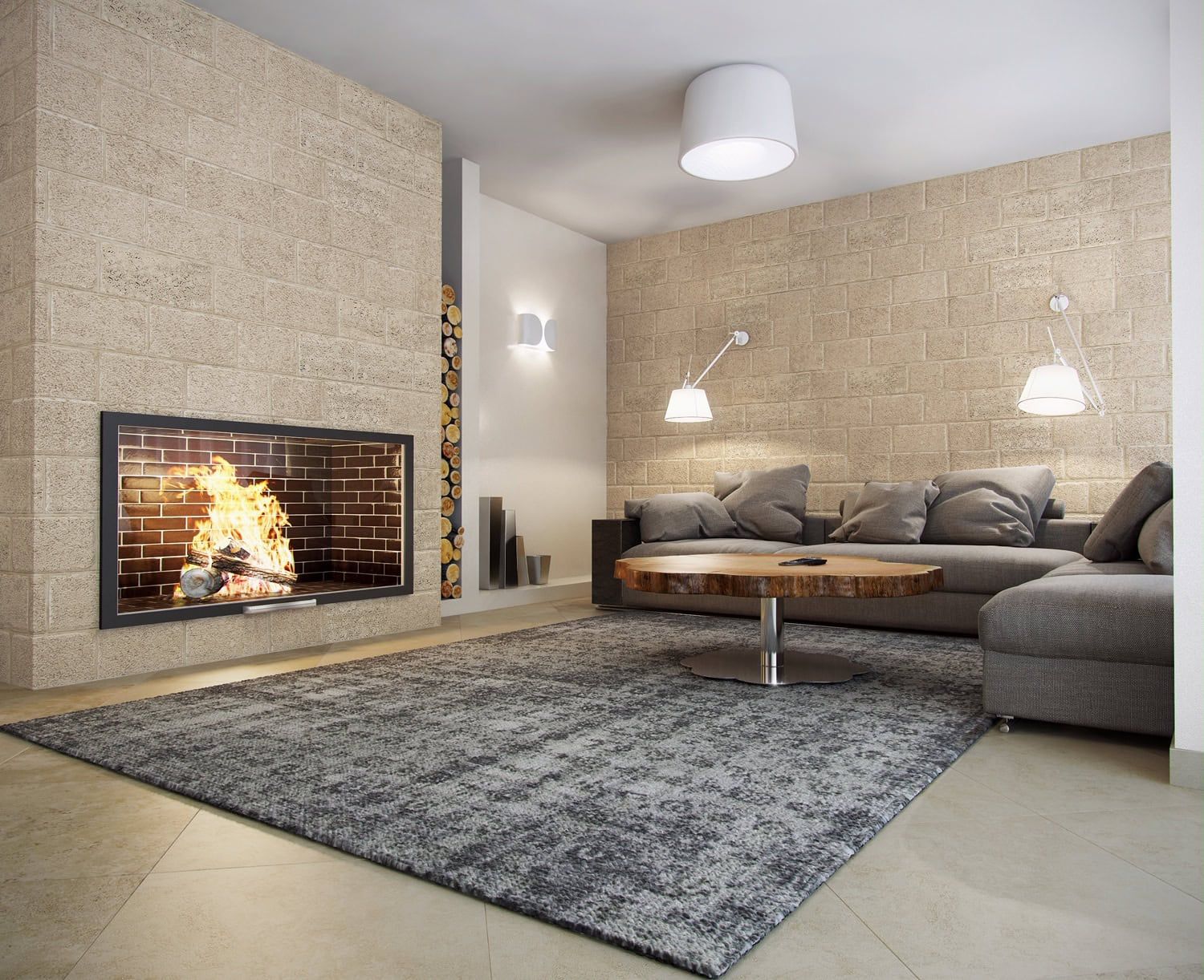 Villa living room in Dobrota, Montenegro: modern interior with a fireplace, stonework, and a designer table.