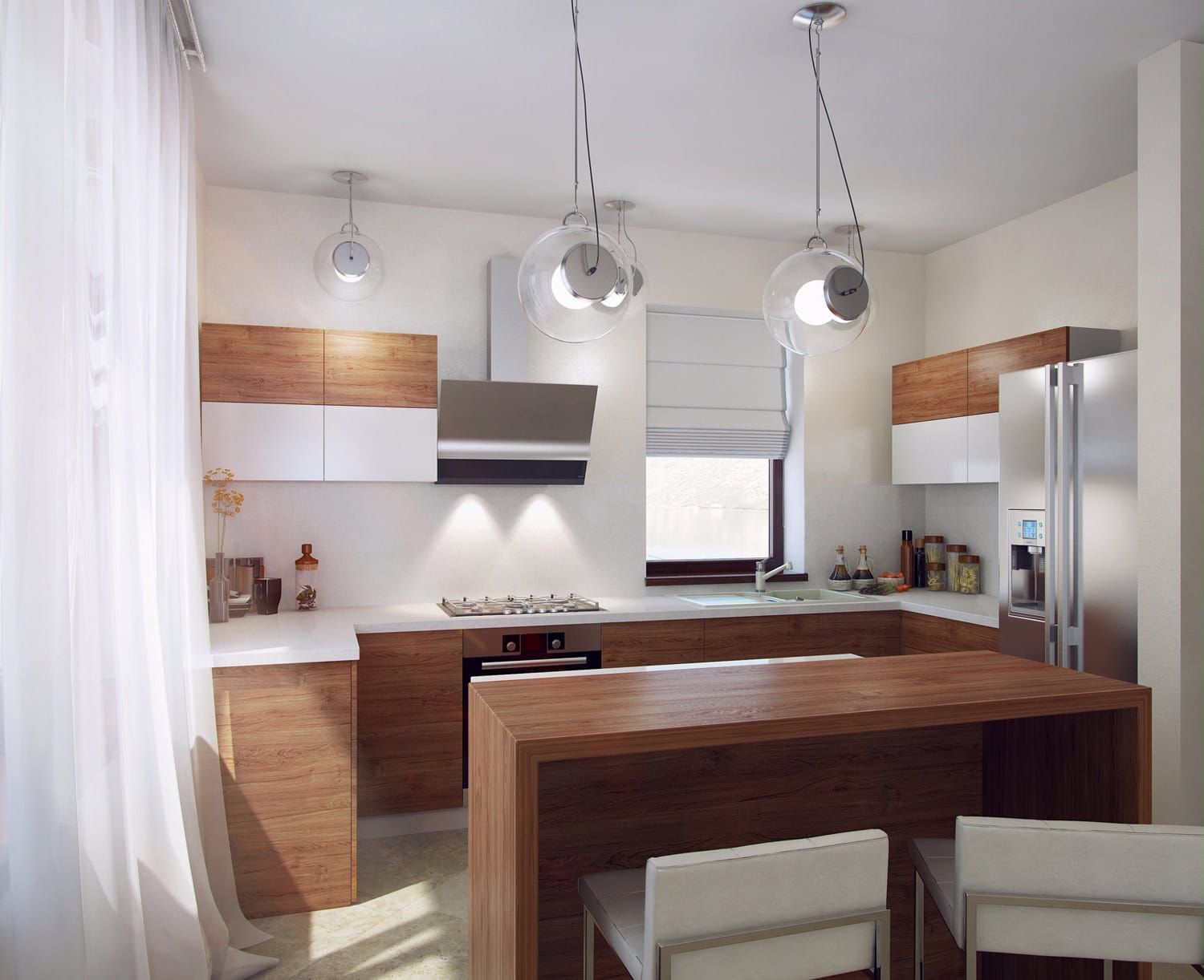 Modern kitchen with wooden fronts and a bar counter in a villa in Dobrota, Montenegro. Interior with sea view.