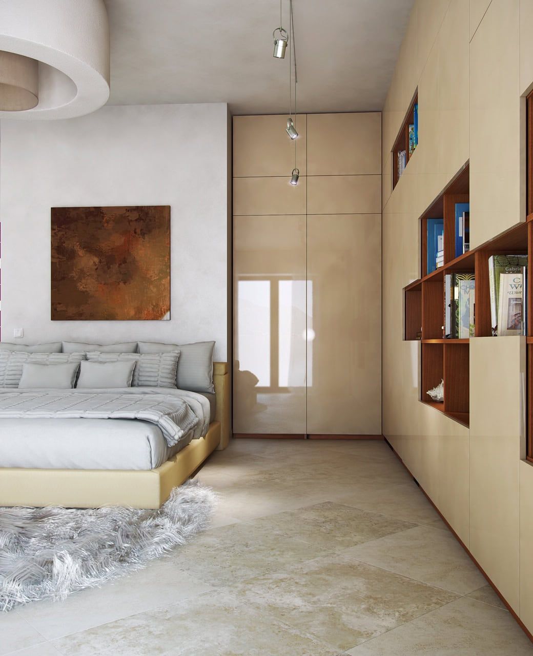 Modern bedroom in a villa in Dobrota, Montenegro: double bed, built-in wardrobe, and shelving in light tones.