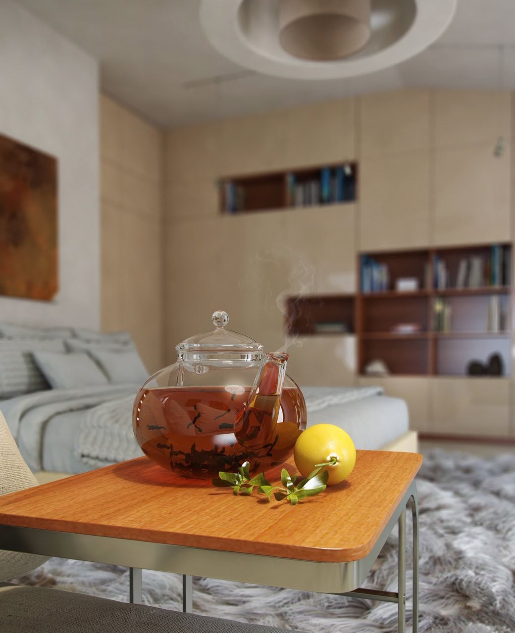 A glass teapot and a lemon on a table in the interior of a modern bedroom in a villa in Dobrota, Montenegro.
