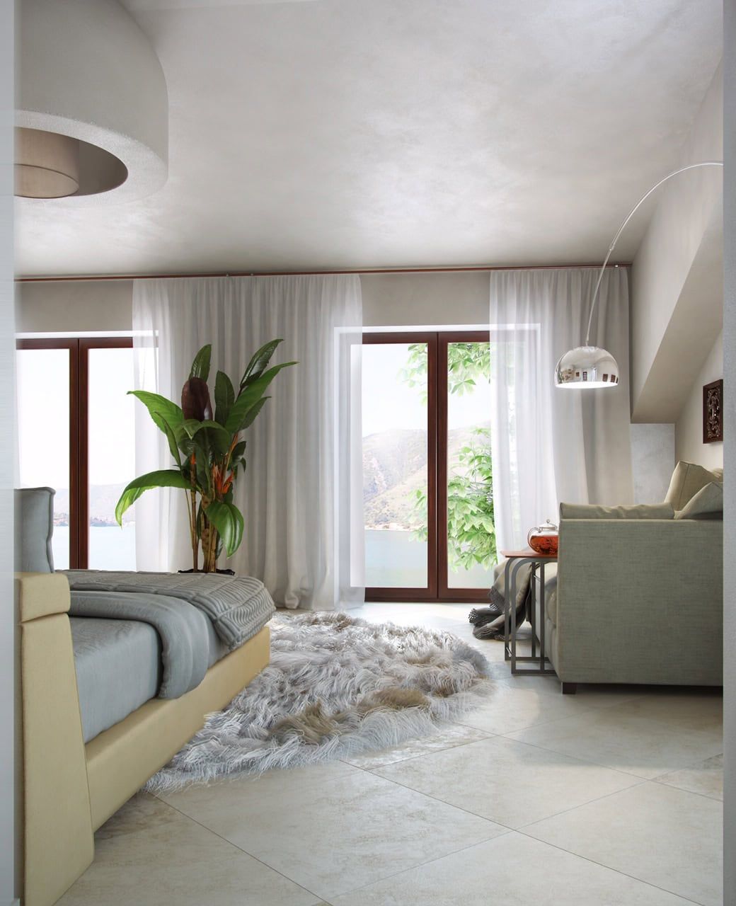 Bedroom with sea view in a villa in Dobrota, Montenegro: modern furniture, a fluffy rug, and panoramic windows.